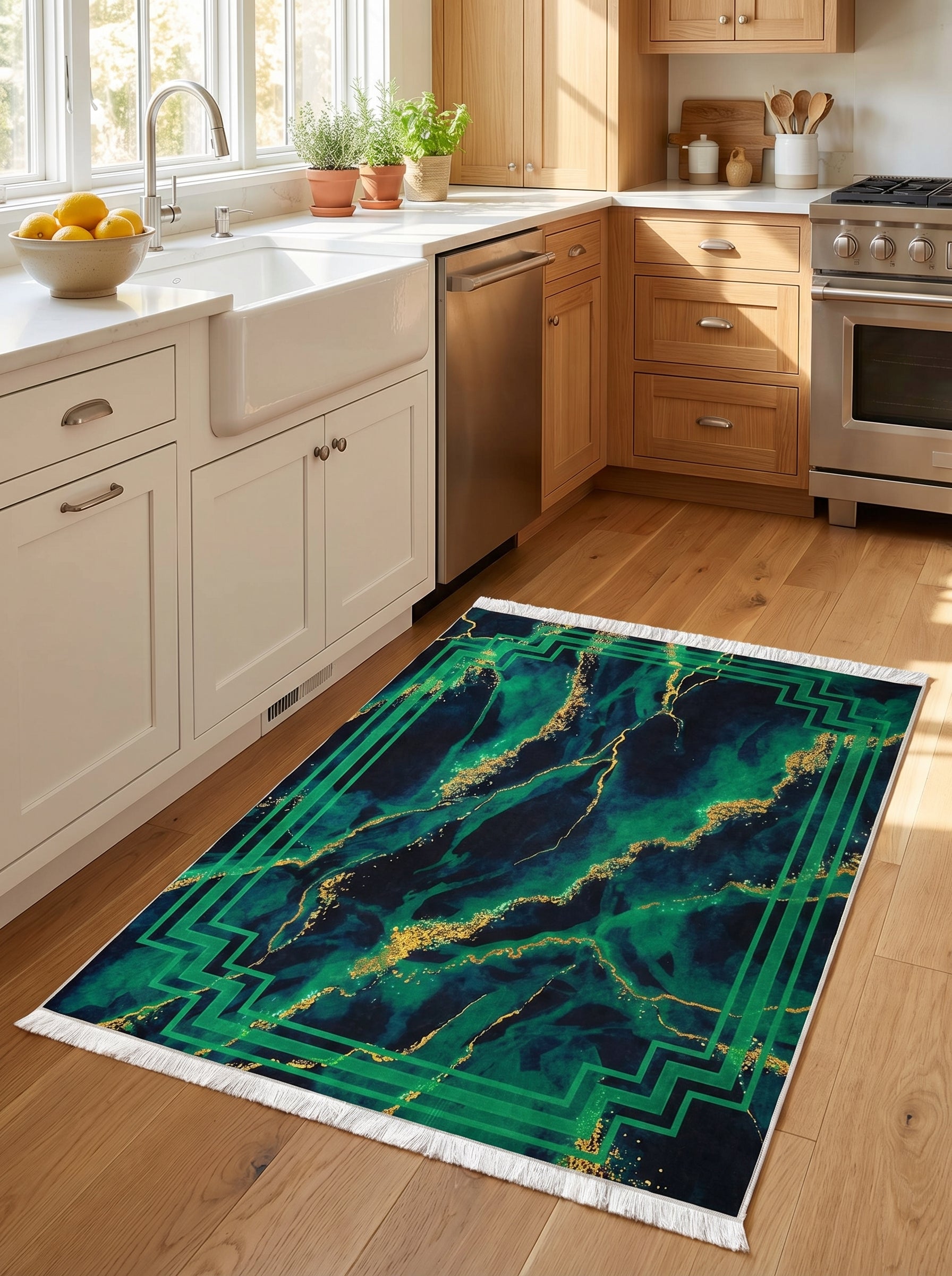 Tapis rectangulaire marbré bleu nuit, vert émeraude et or, bordé d'un motif géométrique vert et de franges, sur le plancher d'une cuisine