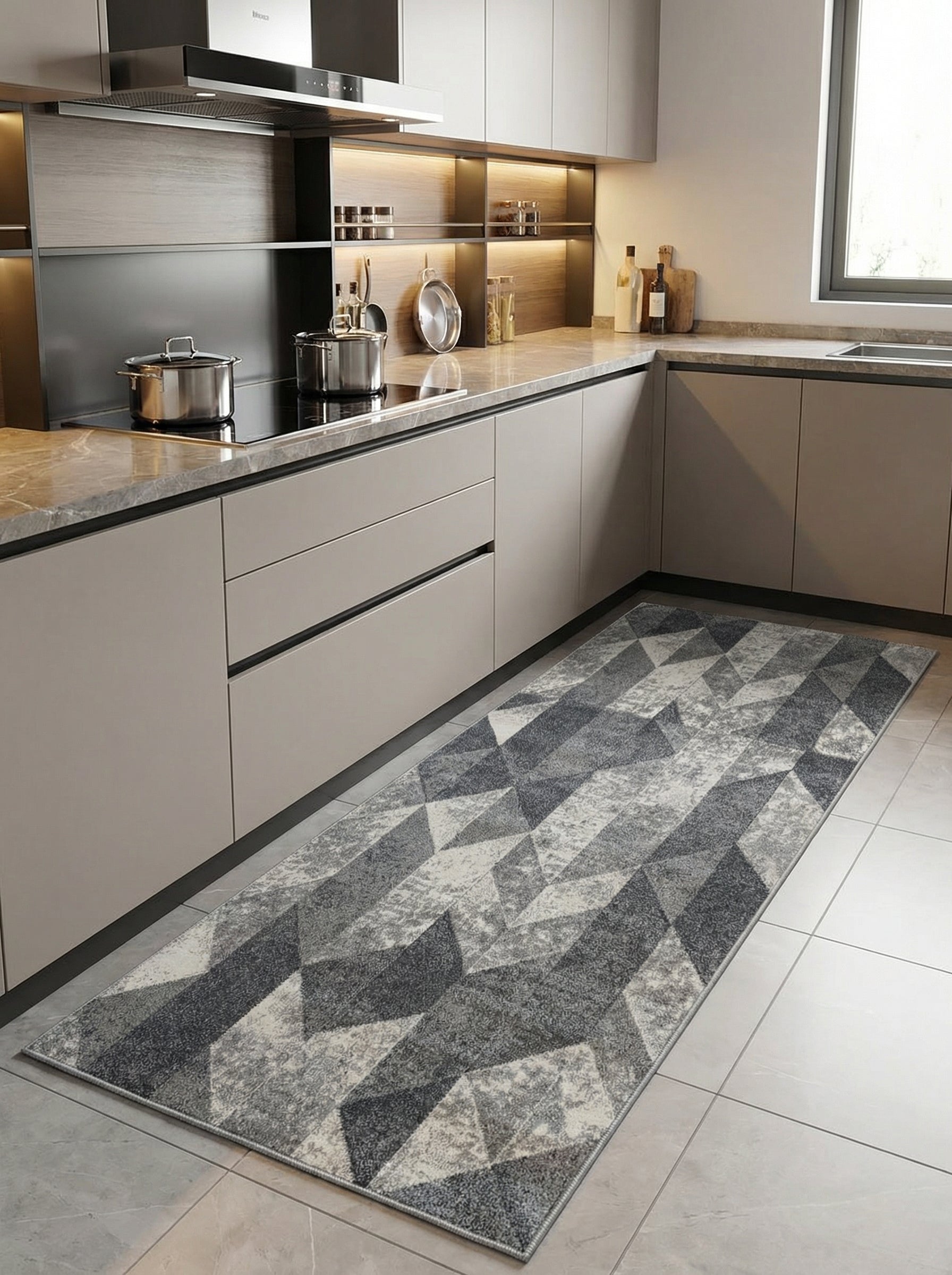 Tapis de couloir rectangulaire aux motifs géométriques abstraits gris foncé et clair, d'aspect texturé, dans une cuisine moderne