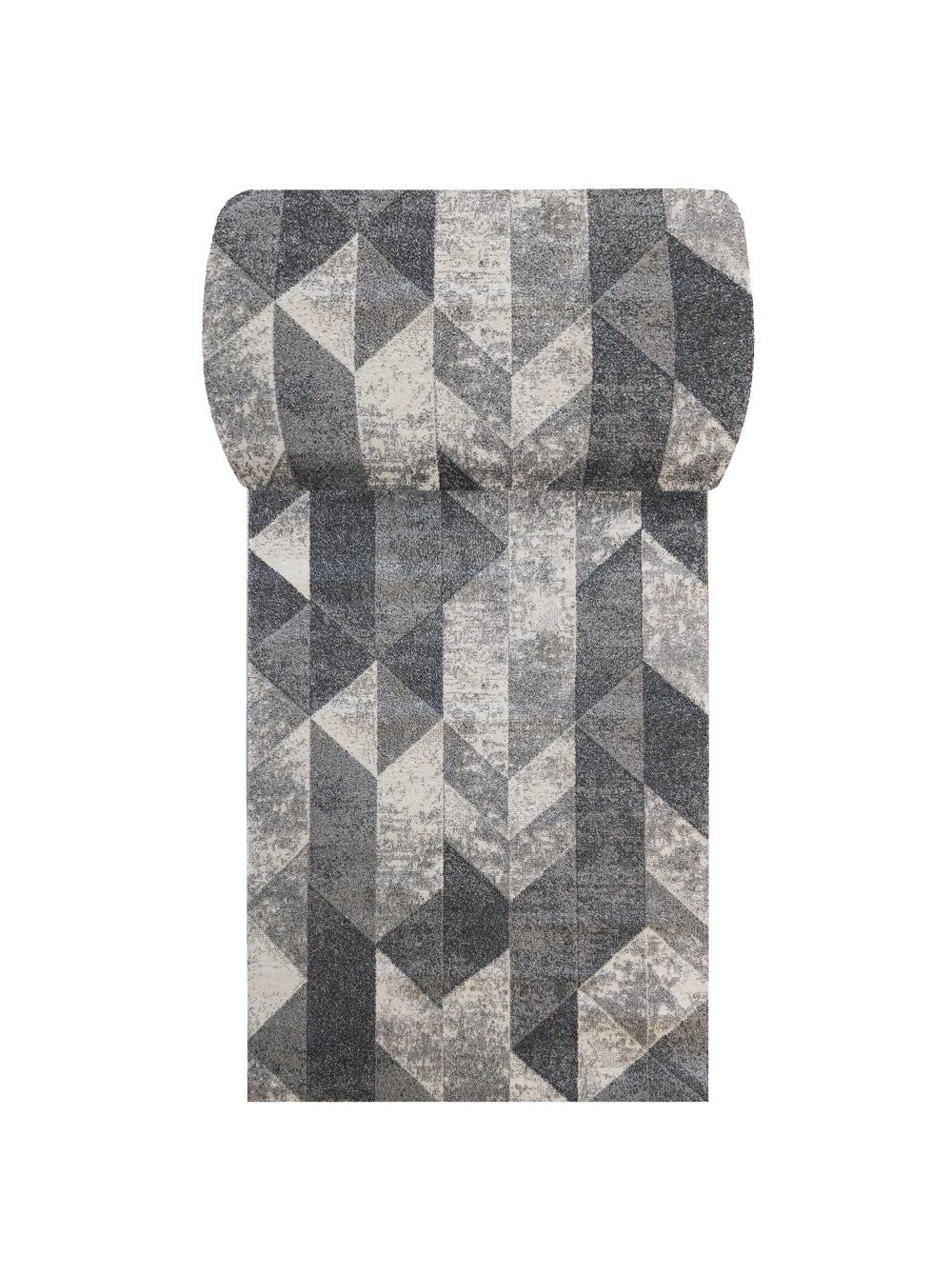 Tapis à motifs géométriques de triangles gris et blanc cassé, à la texture usée, et partiellement enroulé sur le dessus