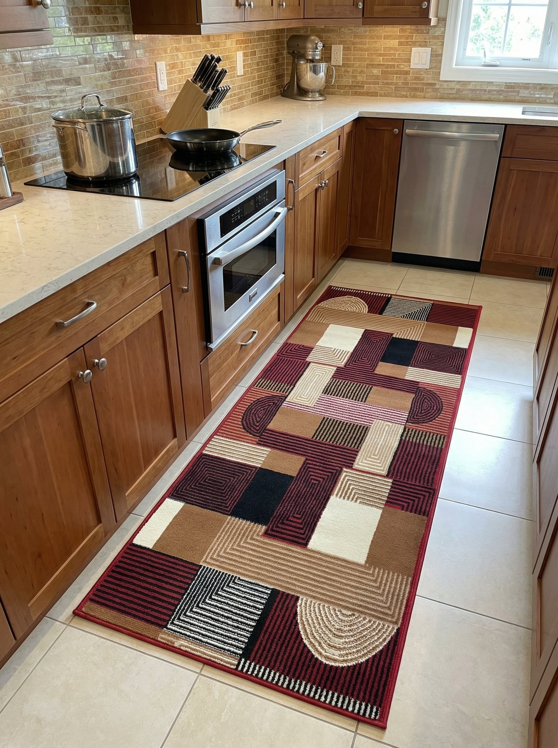 Tapis de couloir géométrique aux motifs patchwork rouges, marrons, beiges, noirs et blancs cassés, posé sur le carrelage d'une cuisine moderne