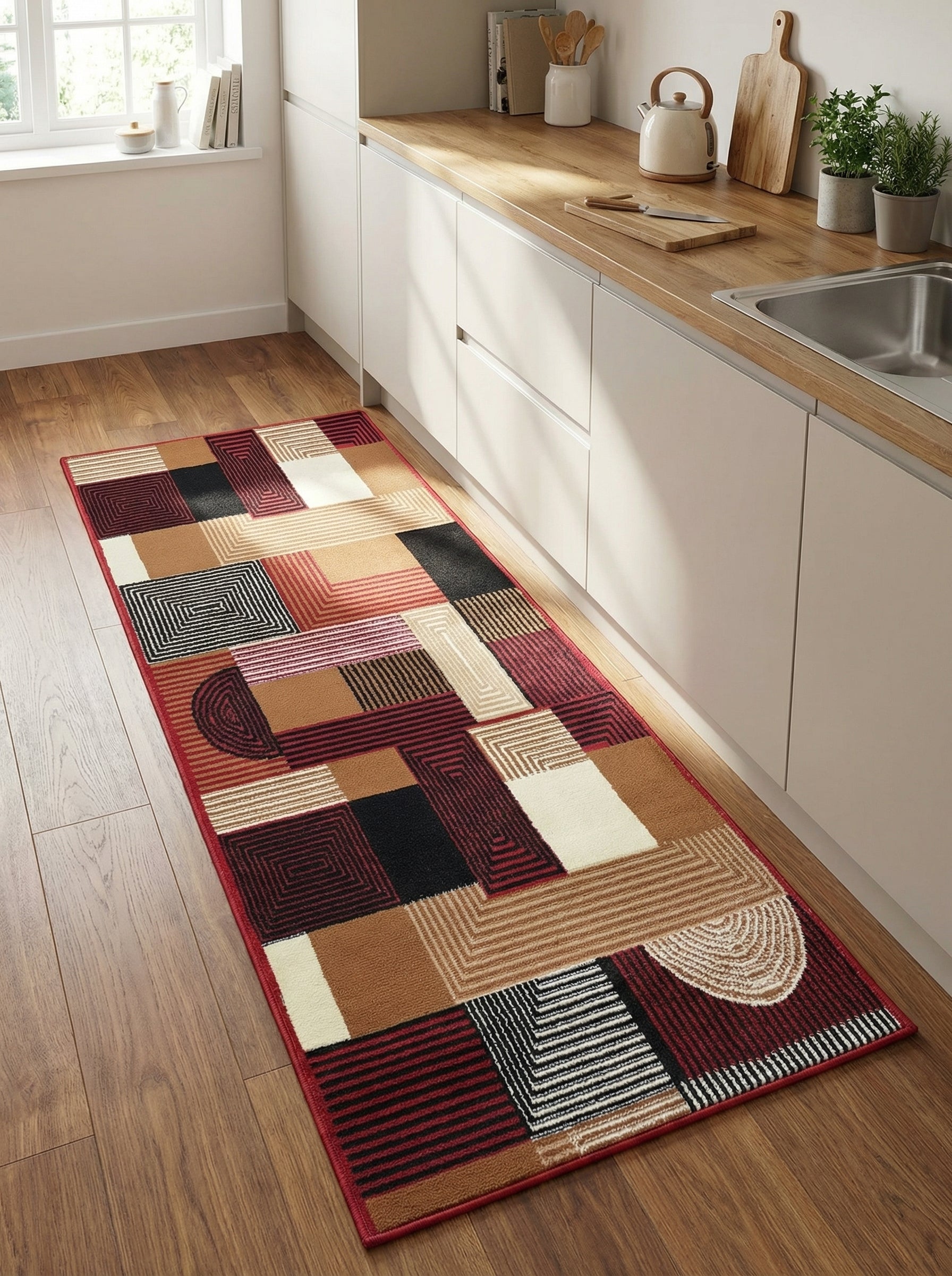 Tapis de couloir rectangulaire à motifs géométriques marron, bordeaux, noir et crème, posé sur le parquet d'une cuisine