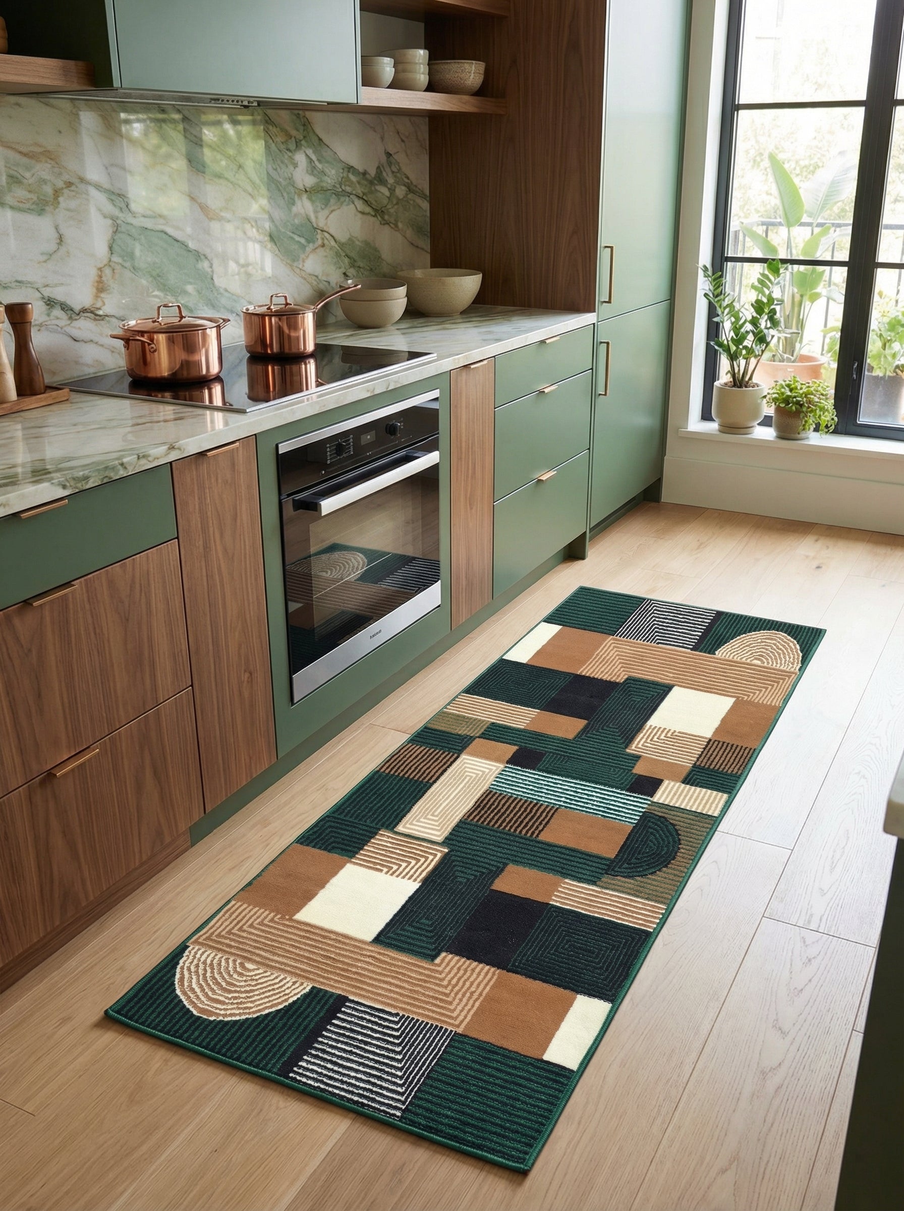 Tapis runner aux motifs géométriques verts, marron, noirs, crème et bleu clair, posé sur le parquet d'une cuisine