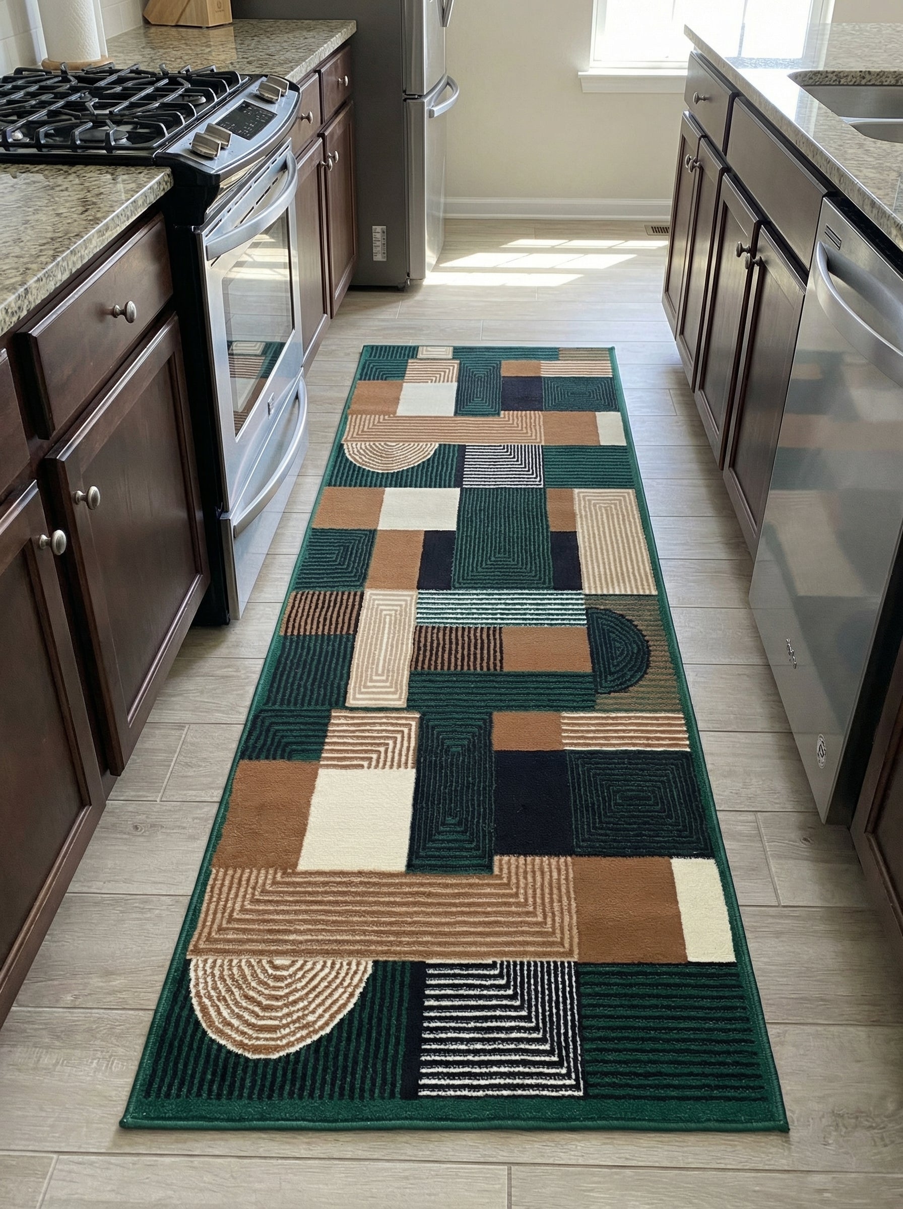 Tapis rectangulaire à motifs géométriques en blocs vert foncé, marron, crème et noir, avec lignes fines et formes variées, dans une cuisine