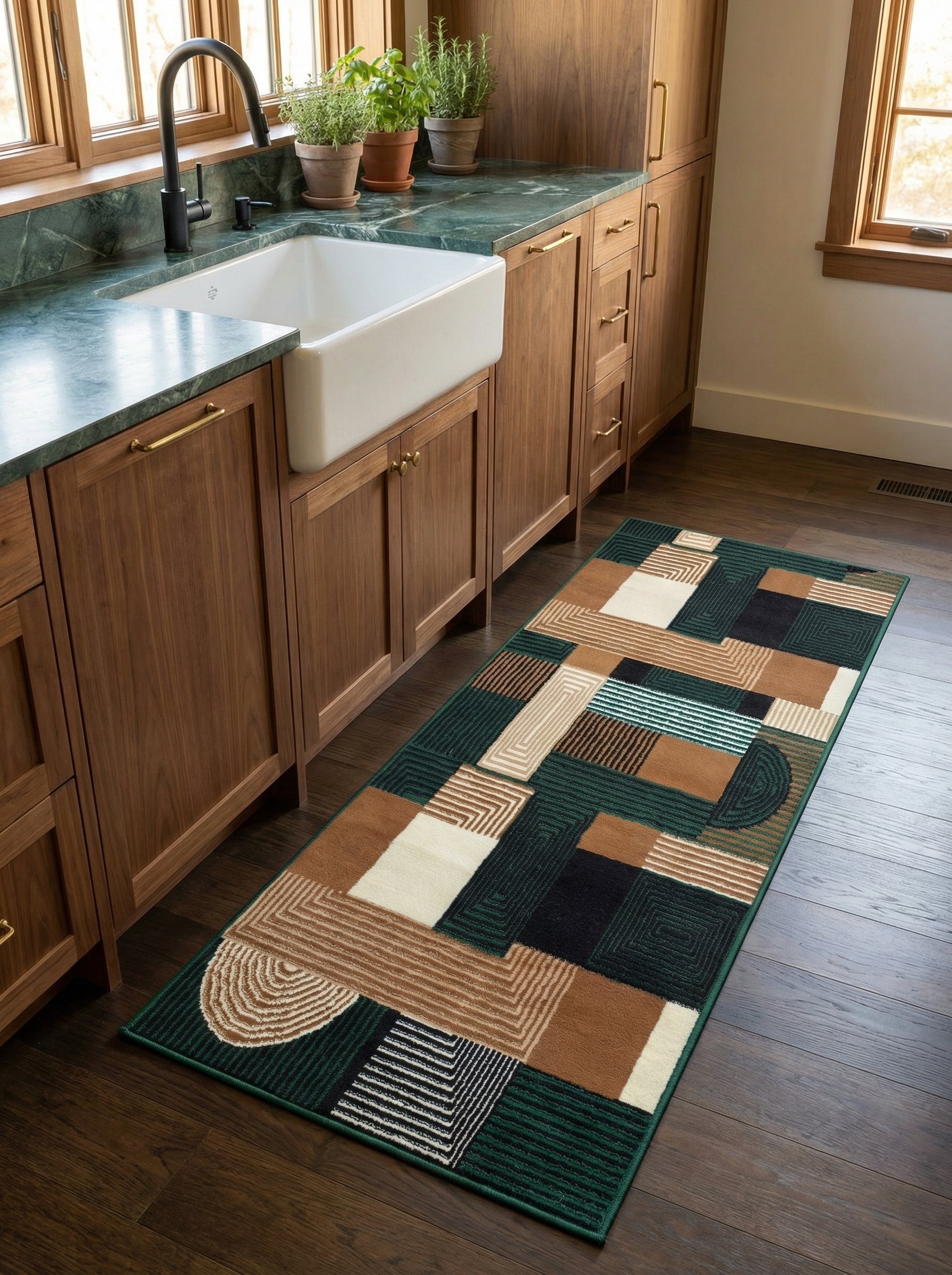 Tapis de couloir géométrique vert foncé, noir, marron et crème avec motifs à rayures et carrés concentriques dans une cuisine