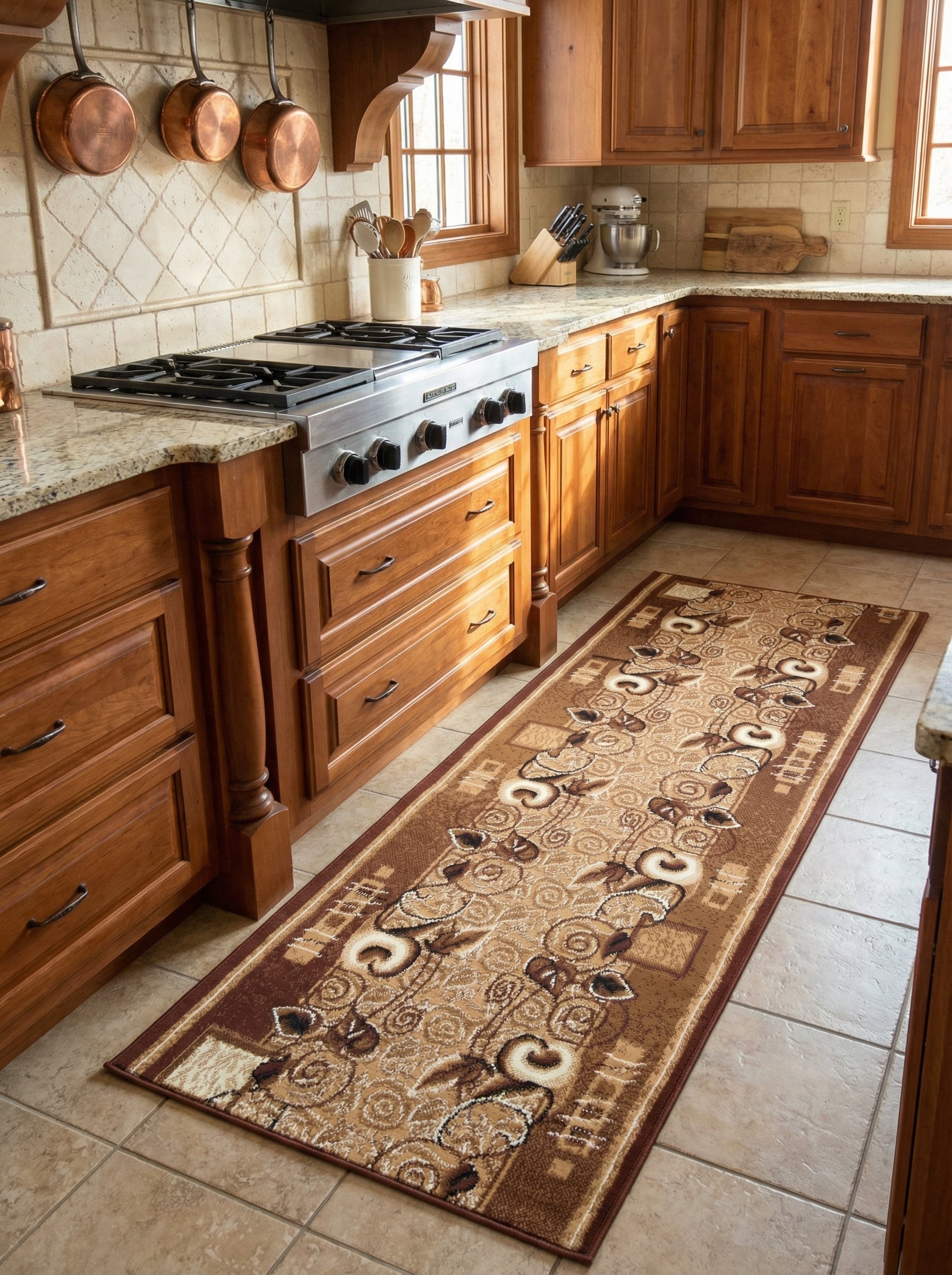 Tapis coureur marron et beige avec des motifs floraux et géométriques, posé sur le sol carrelé d'une cuisine
