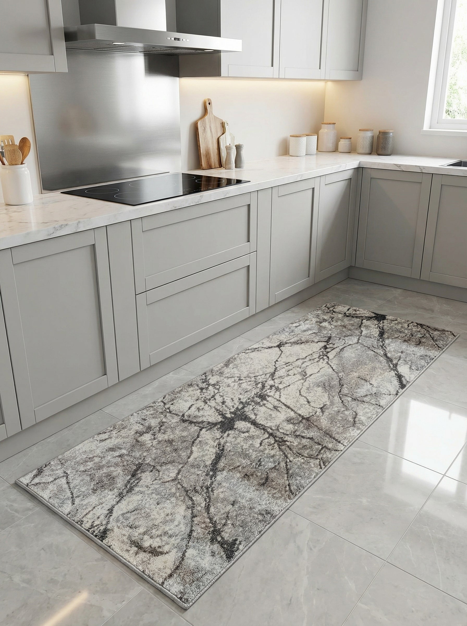 Tapis de couloir rectangulaire aux motifs abstraits gris, blanc et noir, sur le sol carrelé d'une cuisine moderne