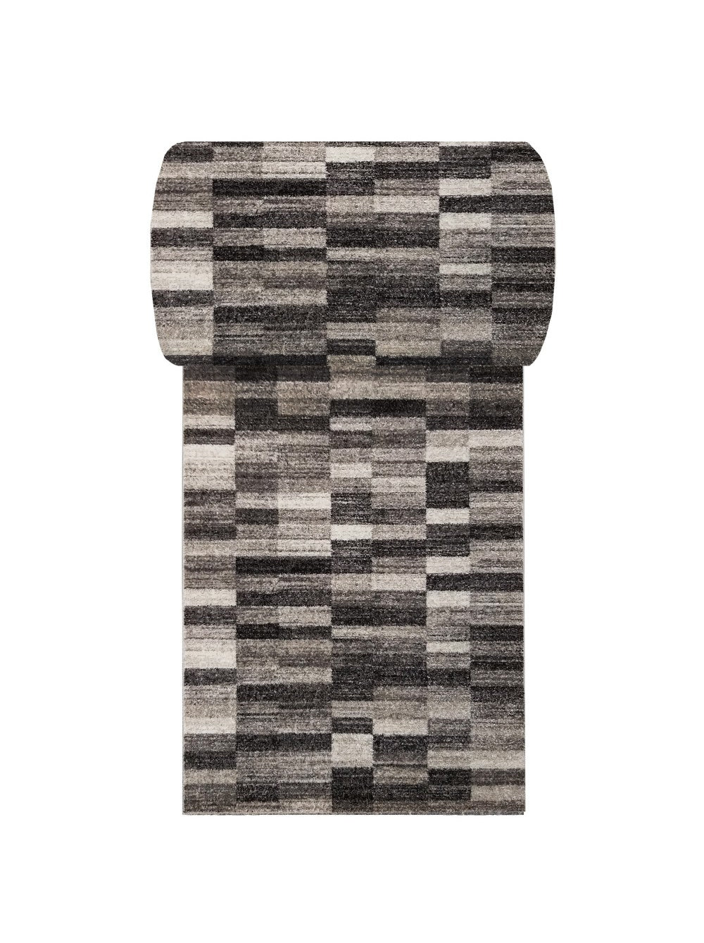 Tapis texturé aux motifs géométriques de blocs rectangulaires en nuances de gris, noir et blanc