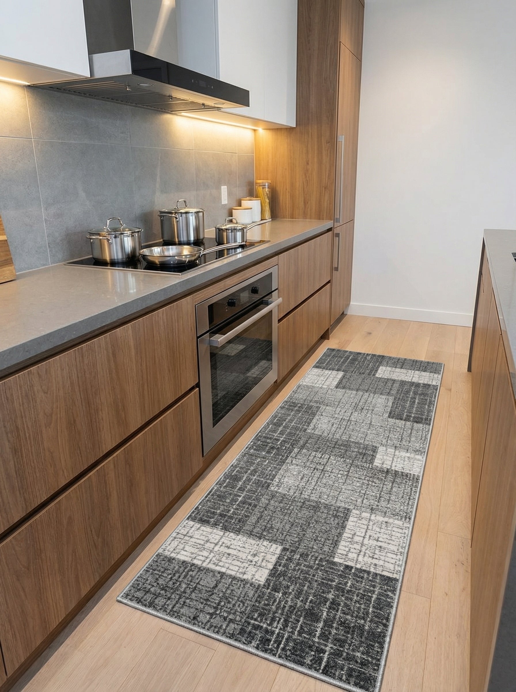 Tapis de couloir rectangulaire gris et blanc aux motifs géométriques abstraits texturés, sur parquet clair dans une cuisine