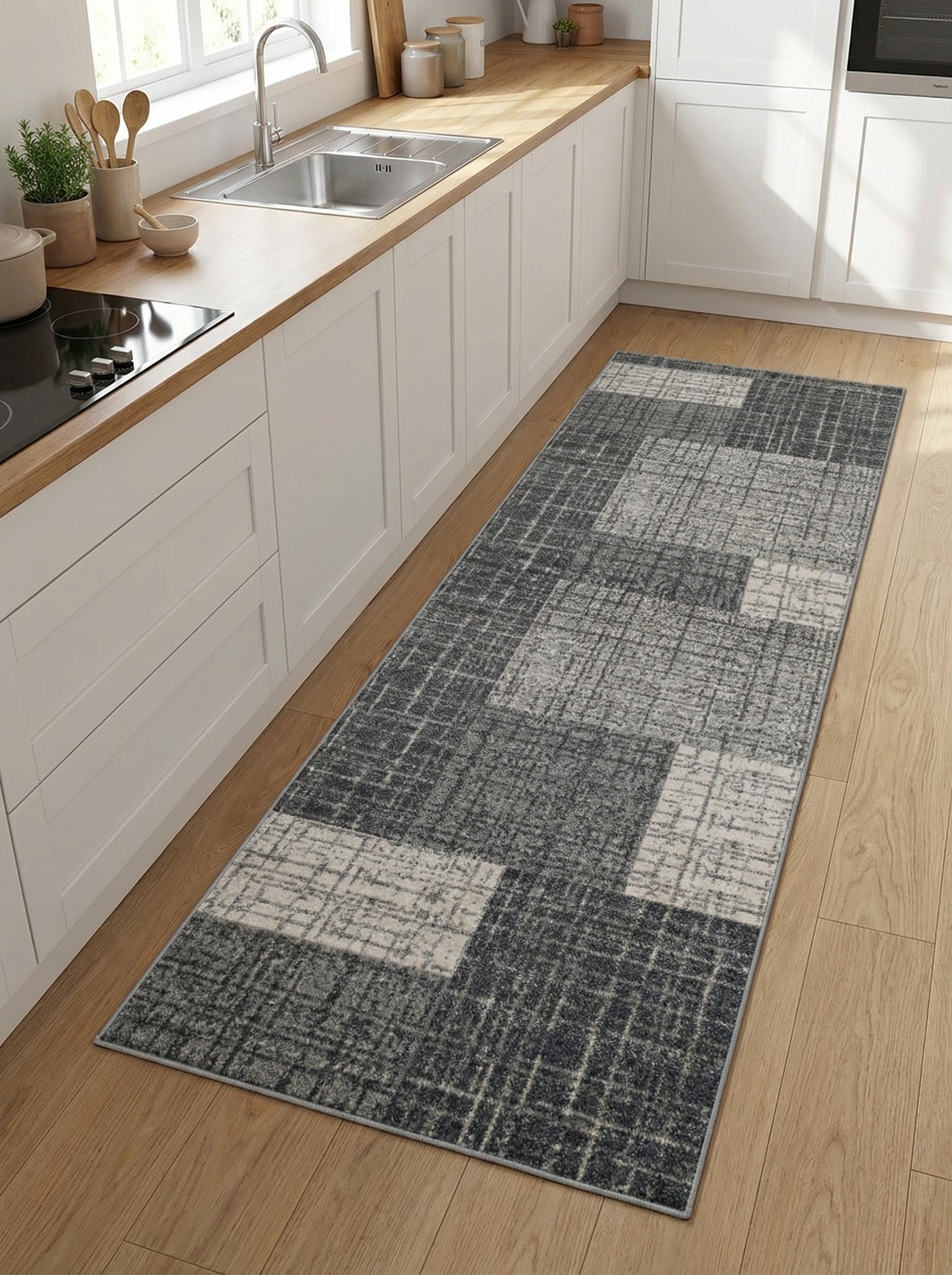 Tapis rectangulaire gris anthracite et gris clair à motif géométrique abstrait quadrillé, posé sur un plancher en bois clair dans une cuisine moderne