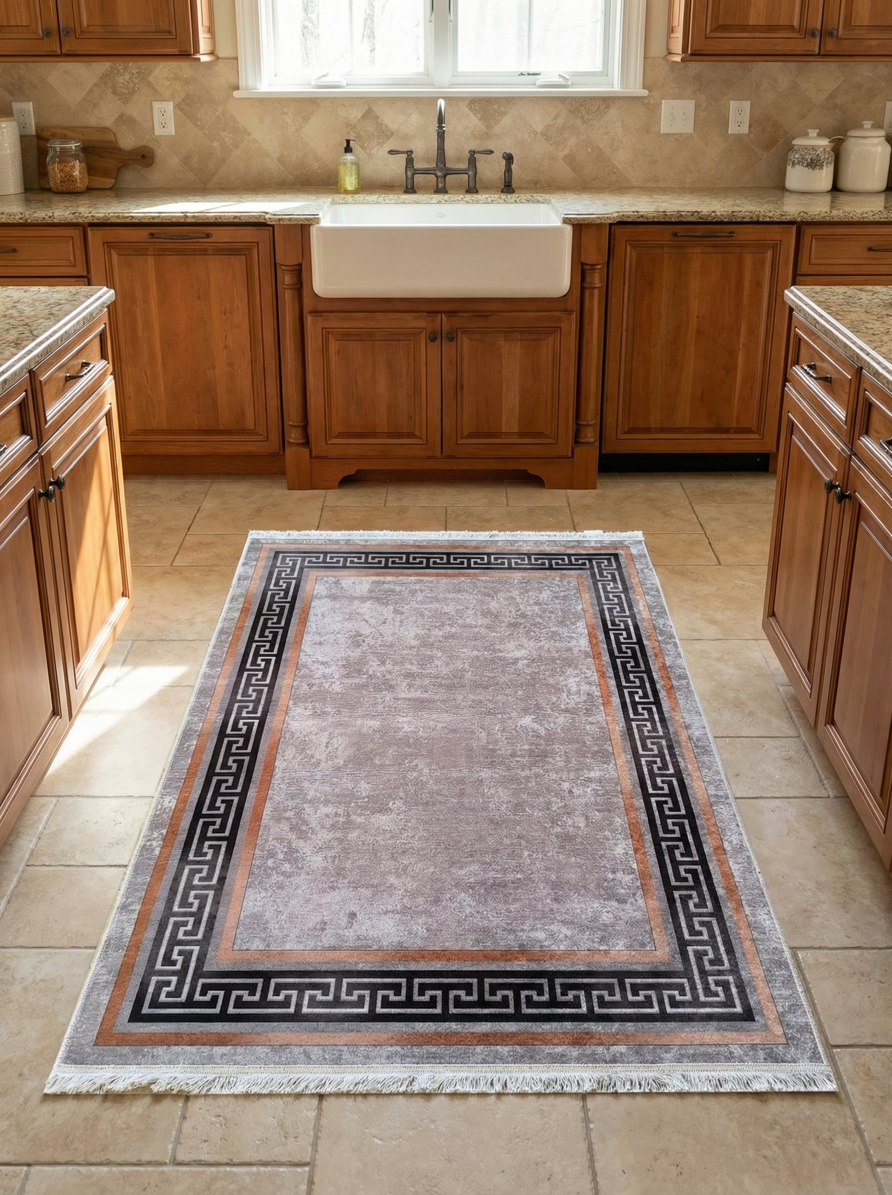 Tapis runner gris clair usé avec bordure à motif clé grecque noir, cuivre et gris clair, avec franges, dans une cuisine