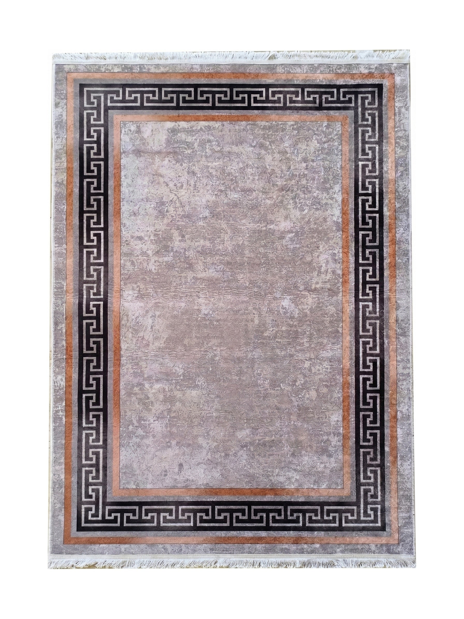 Tapis rectangulaire gris-brun avec une bordure à motif méandre noir et gris, une bande cuivre et des franges