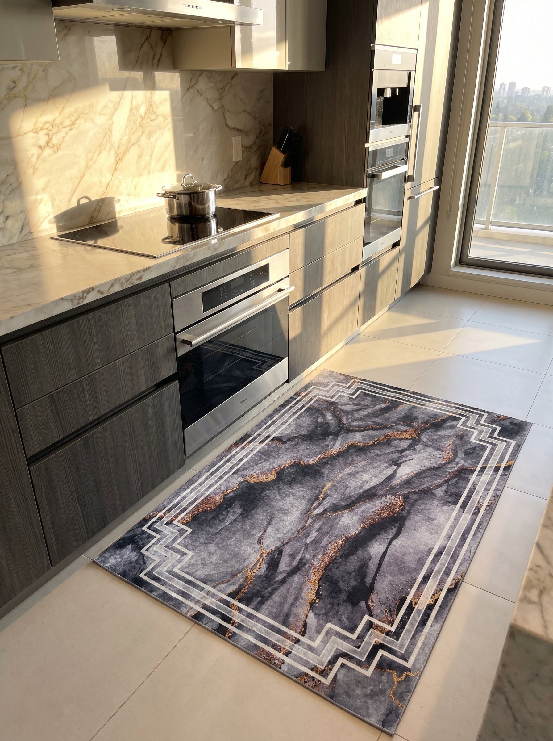 Tapis rectangulaire gris foncé et or avec motif marbré abstrait et bordure géométrique blanche, dans une cuisine moderne et lumineuse