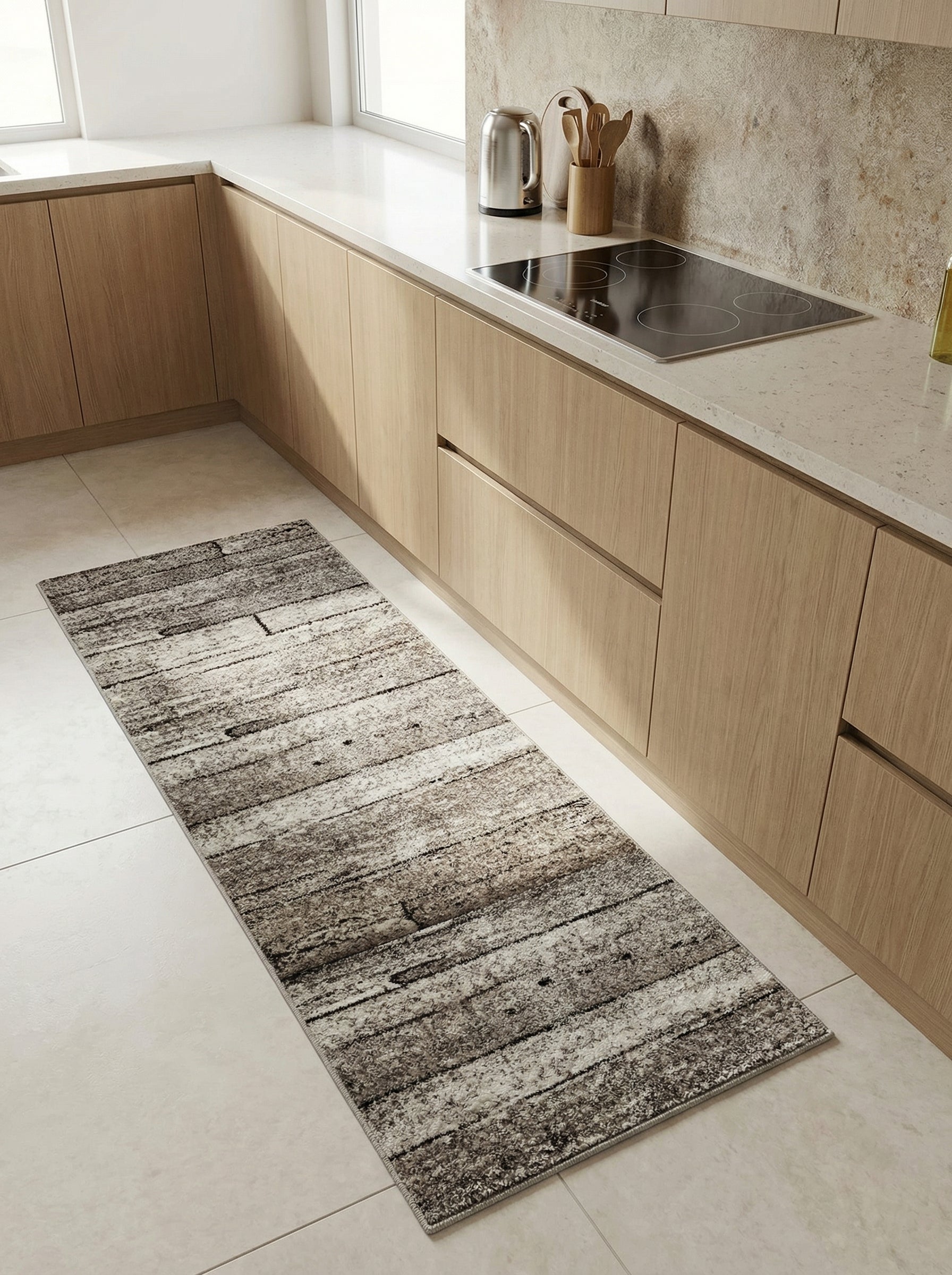 Tapis rectangulaire aux tons gris, blanc et marron avec motif de planches de bois usées, dans une cuisine lumineuse
