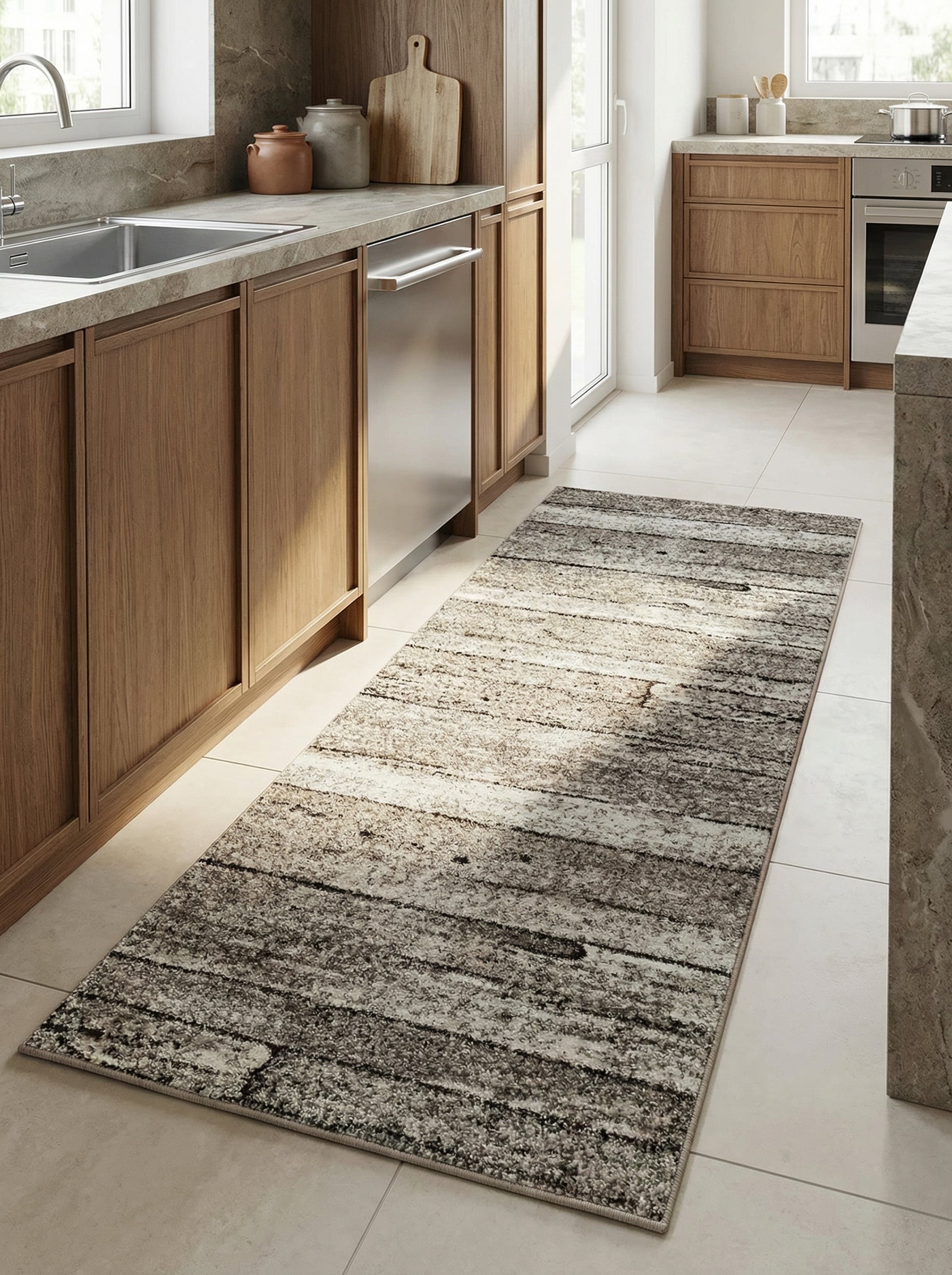 Tapis rectangulaire à poils mi-longs, motif abstrait de bandes horizontales texturées en nuances de gris, beige et marron foncé dans une cuisine