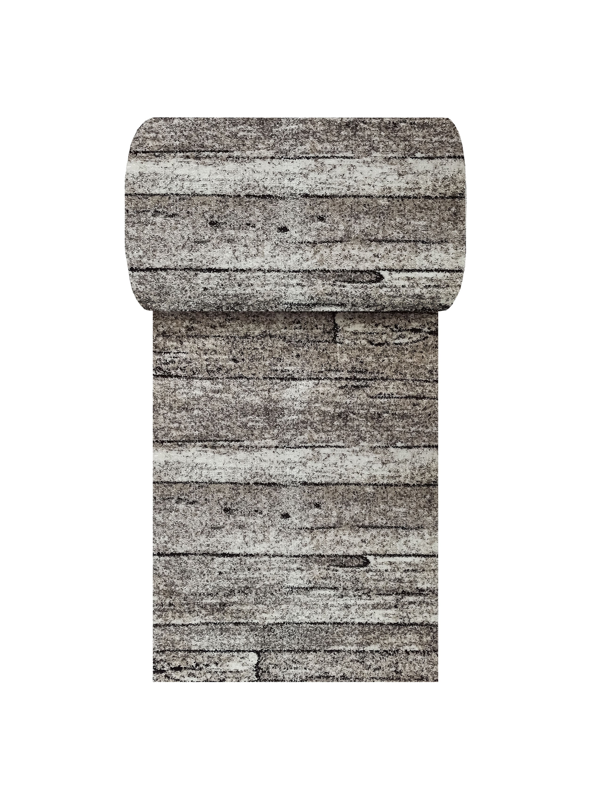 Tapis roulé à motif de planches de bois gris clair et foncé avec des détails noirs mouchetés