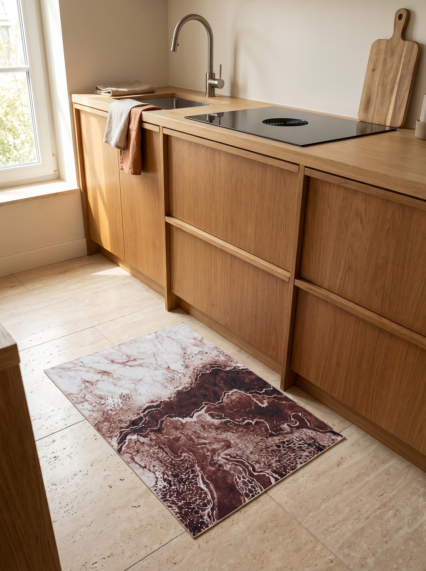 Tapis rectangulaire aux motifs abstraits marbrés, marron, bordeaux et beige clair, posé sur le sol d'une cuisine