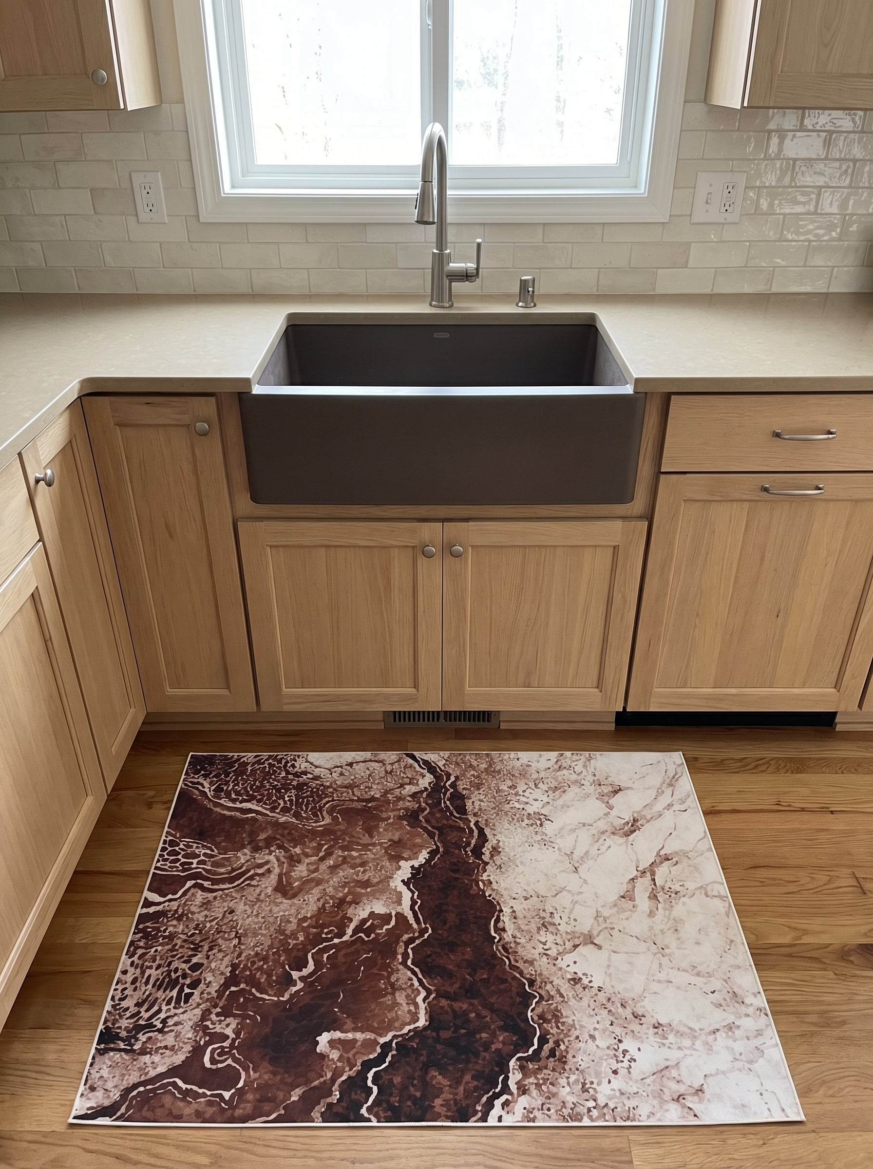 Tapis rectangulaire abstrait marron foncé, brun clair et blanc crème, posé sur le parquet d'une cuisine contemporaine