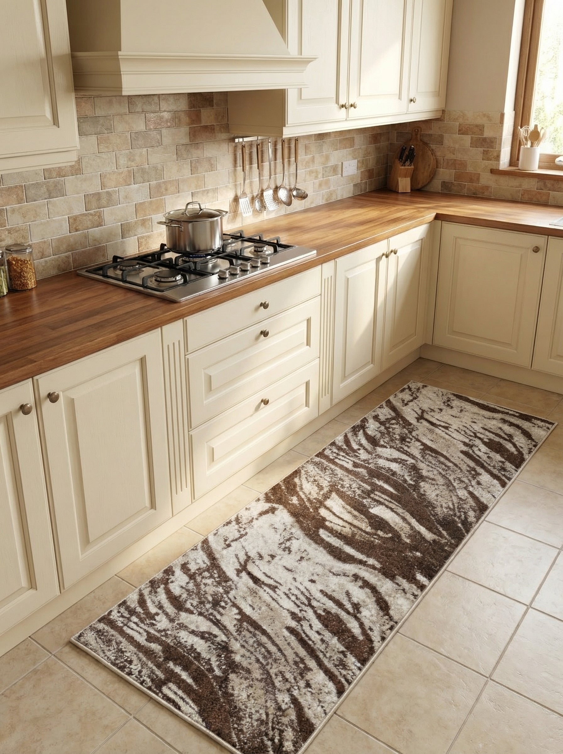 Tapis de cuisine rectangulaire à motifs abstraits marron foncé et beige clair, effet zébré, sur le carrelage d'une cuisine