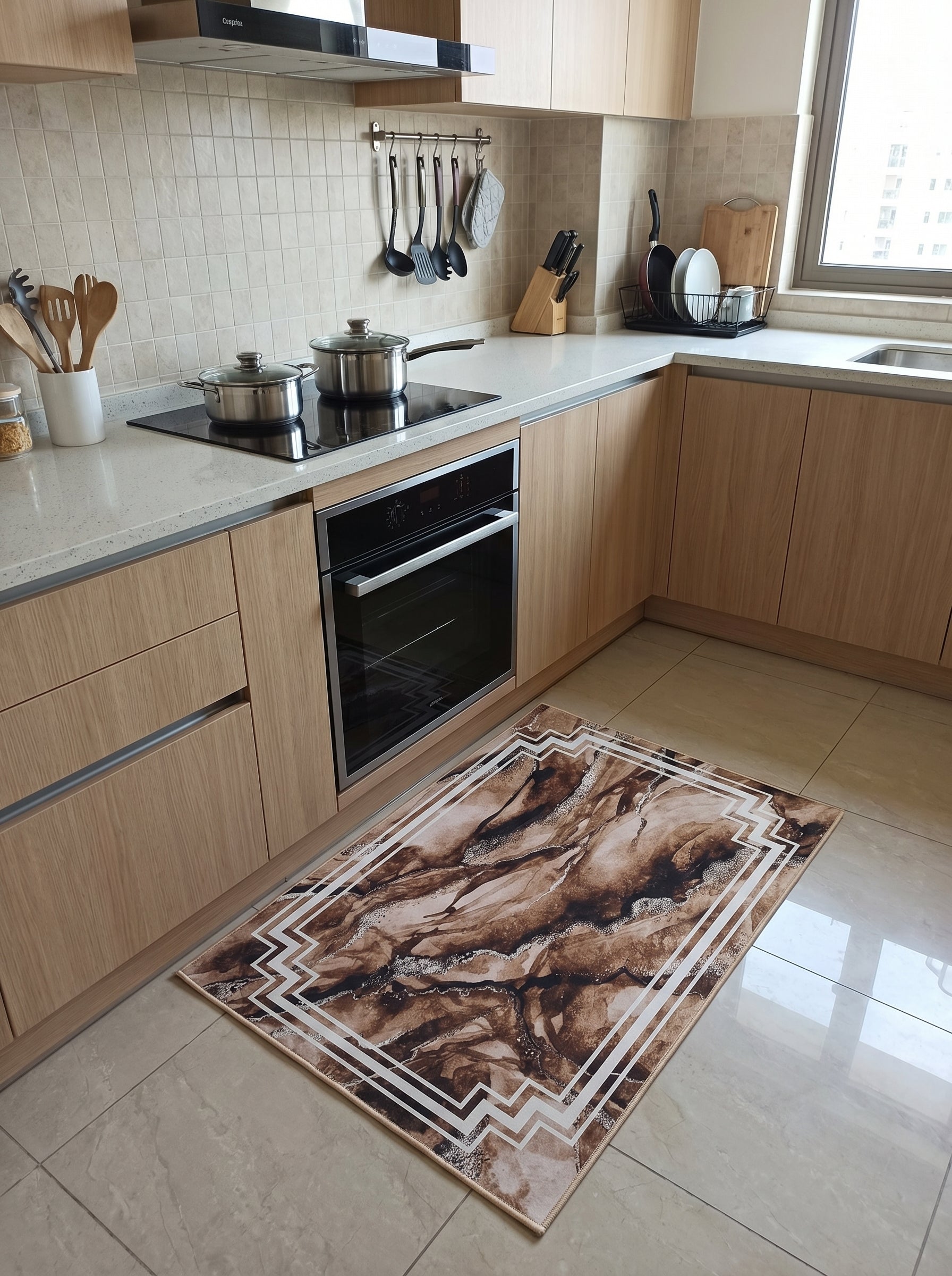Tapis rectangulaire aux motifs abstraits marron, beige et blanc éclatant, encadré de lignes géométriques blanches, posé sur le sol carrelé d'une cuisine moderne
