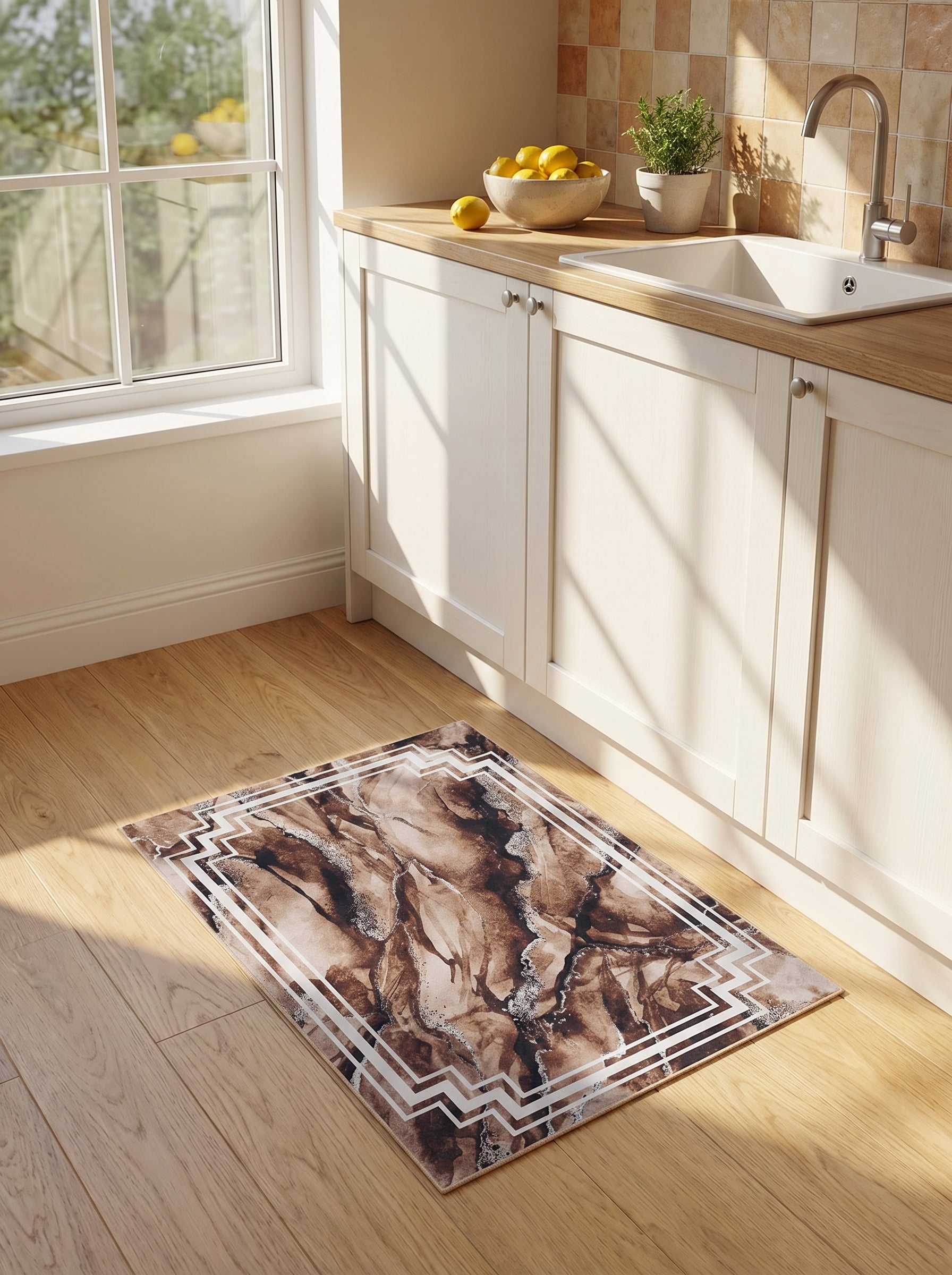 Tapis rectangulaire aux motifs marbrés abstraits marron, crème et argenté, avec une bordure géométrique blanche, dans une cuisine
