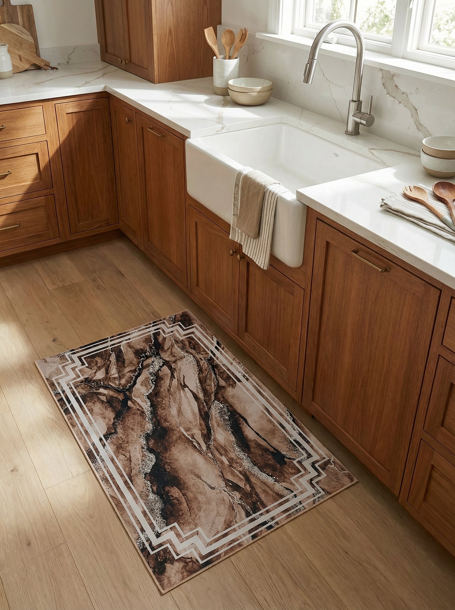 Tapis rectangulaire à motifs marbrés brun foncé, noir et argenté scintillant, encadré d'un liseré géométrique blanc cassé, sur le sol d'une cuisine