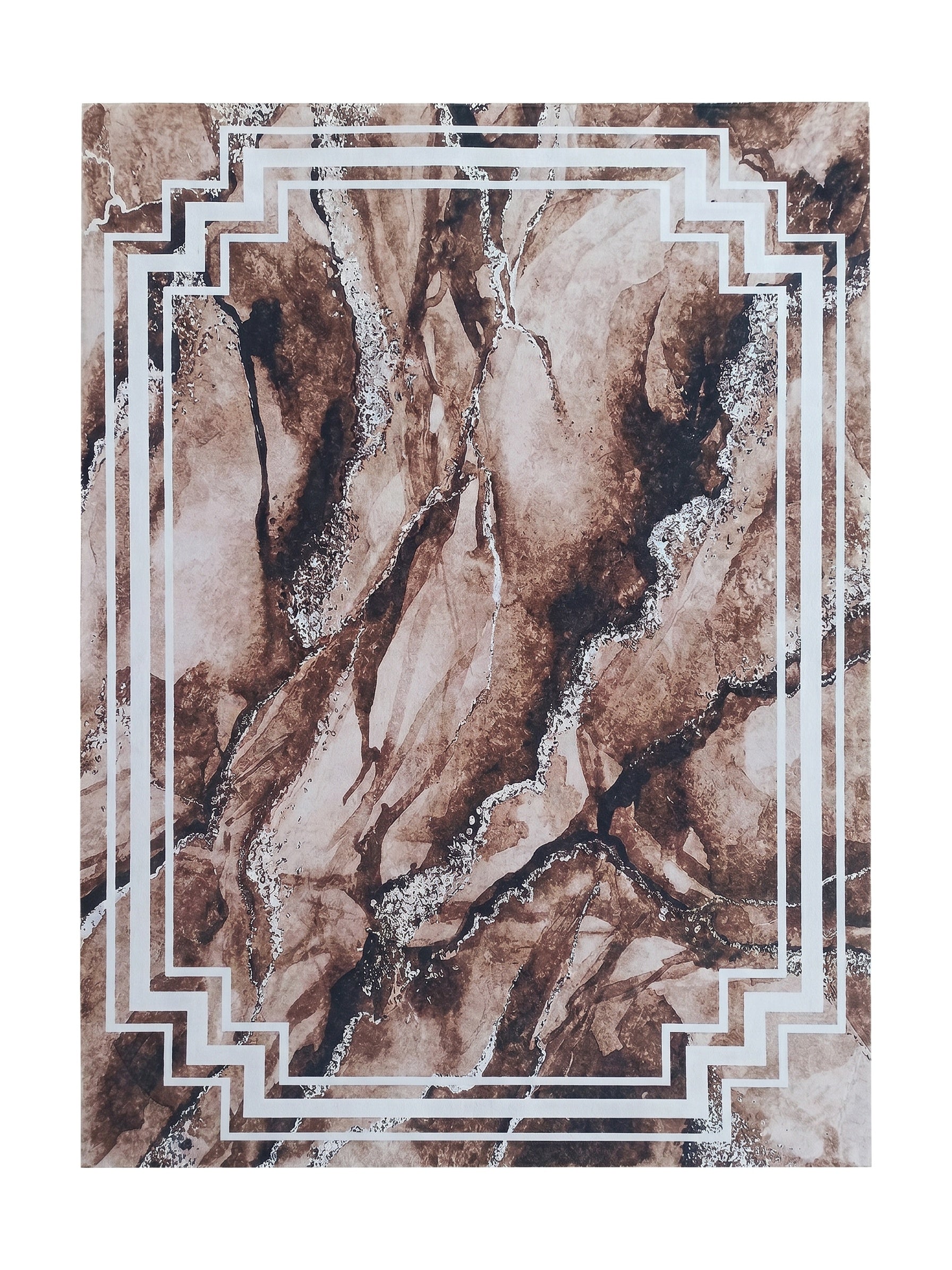 Tapis aux nuances de marron avec un motif abstrait marbré, des éclats clairs et une bordure géométrique blanche