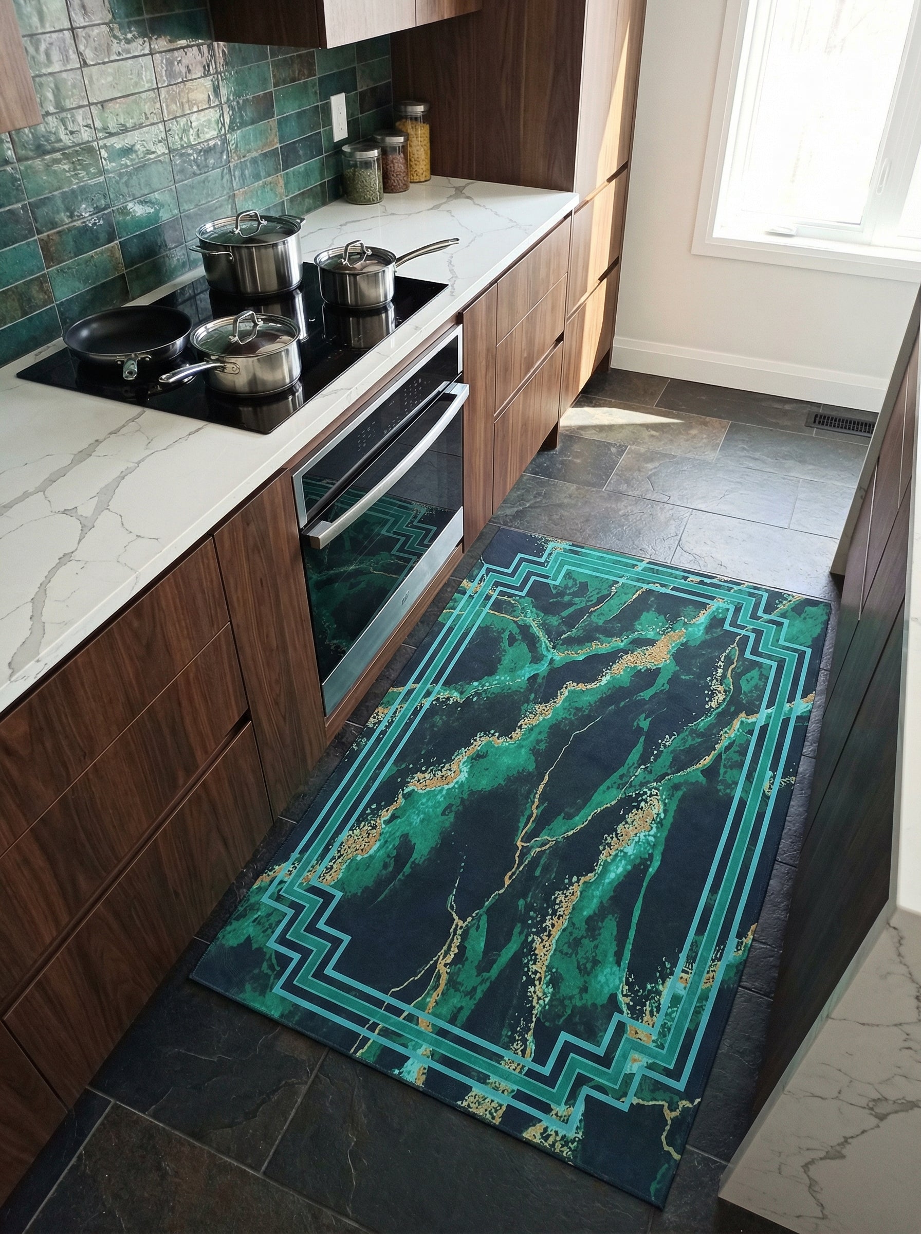 Tapis rectangulaire foncé à motifs marbrés vert émeraude et or, avec bordure géométrique turquoise, dans une cuisine moderne