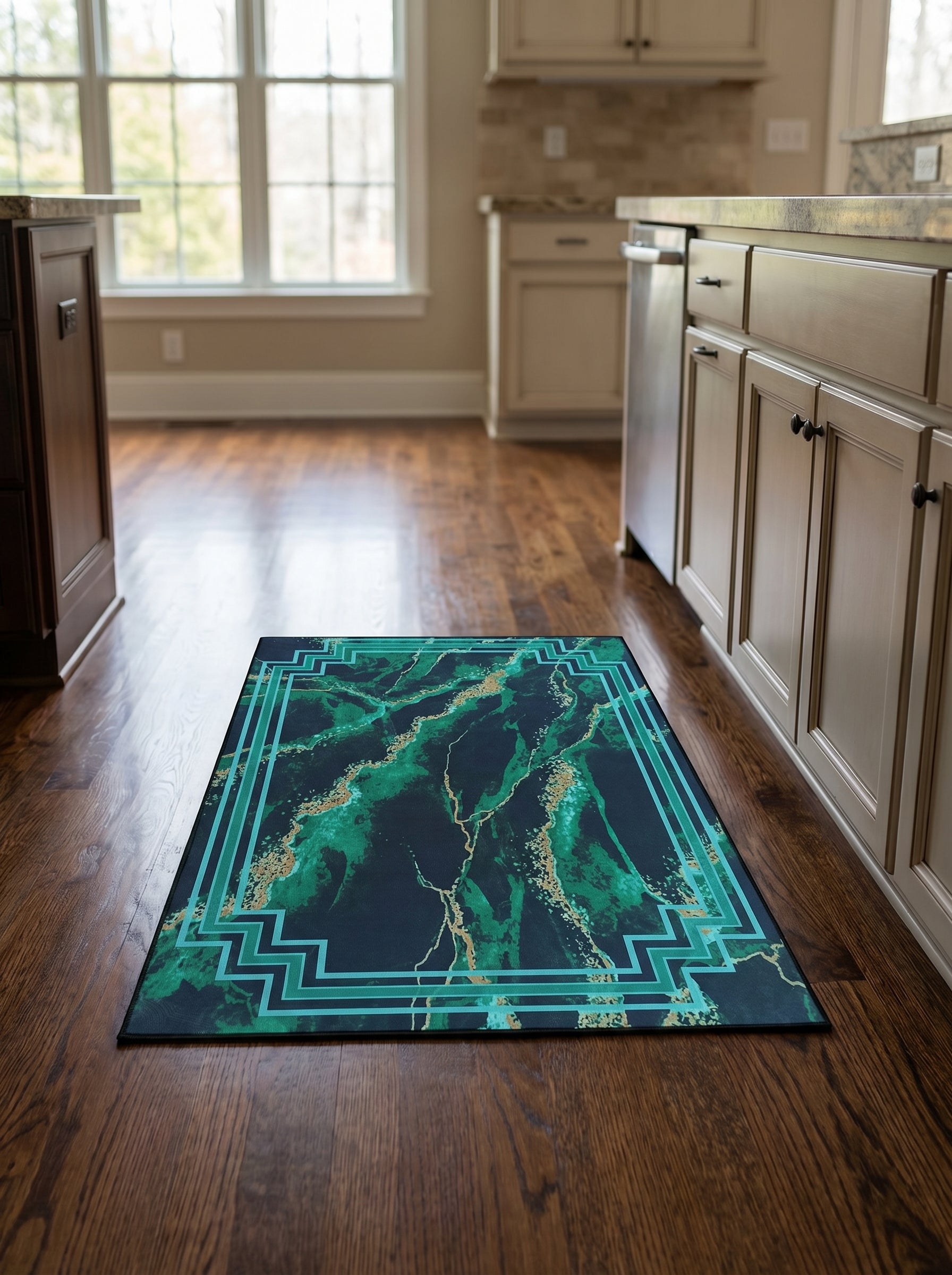 Tapis rectangulaire vert émeraude et bleu marine à motif marbré or et bordure géométrique turquoise, posé sur un parquet dans une cuisine