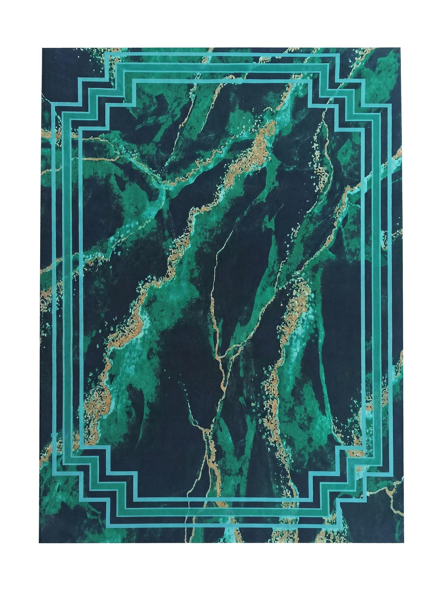 Tapis rectangulaire à motifs marbrés vert foncé, vert émeraude et doré, bordé de lignes géométriques turquoise