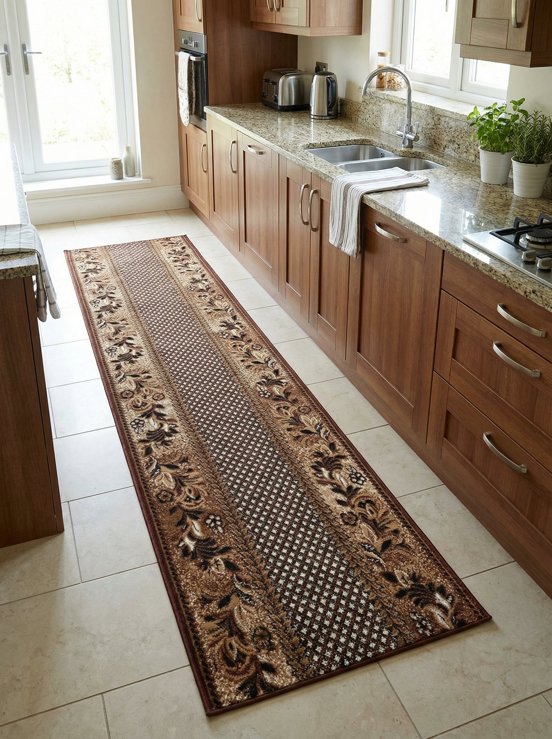 Tapis de couloir aux teintes marron et beige avec des motifs floraux sur les bords et géométriques au centre, dans une cuisine