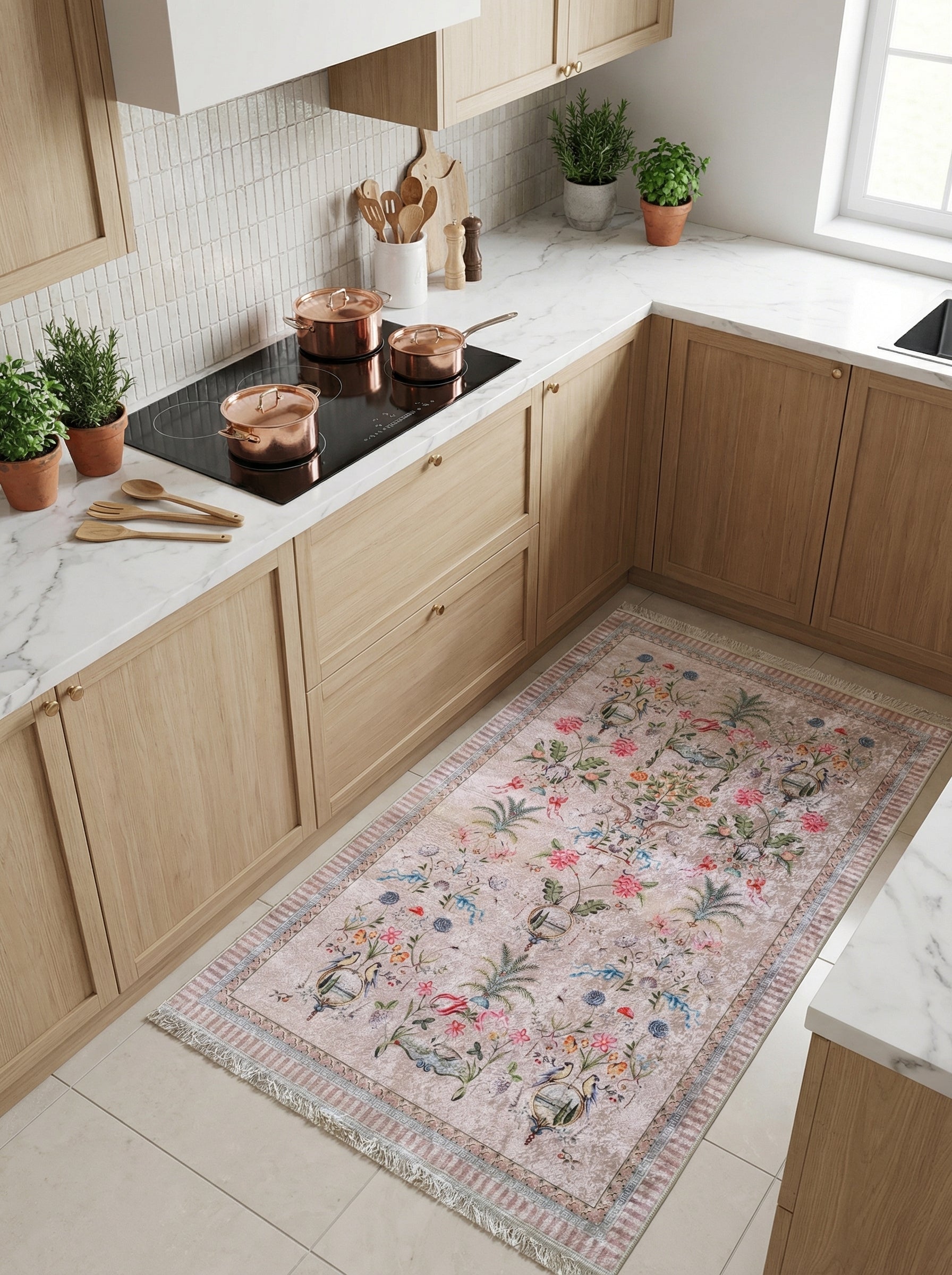 Tapis rectangulaire beige rosé patiné, orné de motifs floraux et d'oiseaux aux couleurs vives avec des bordures délicates, dans une cuisine