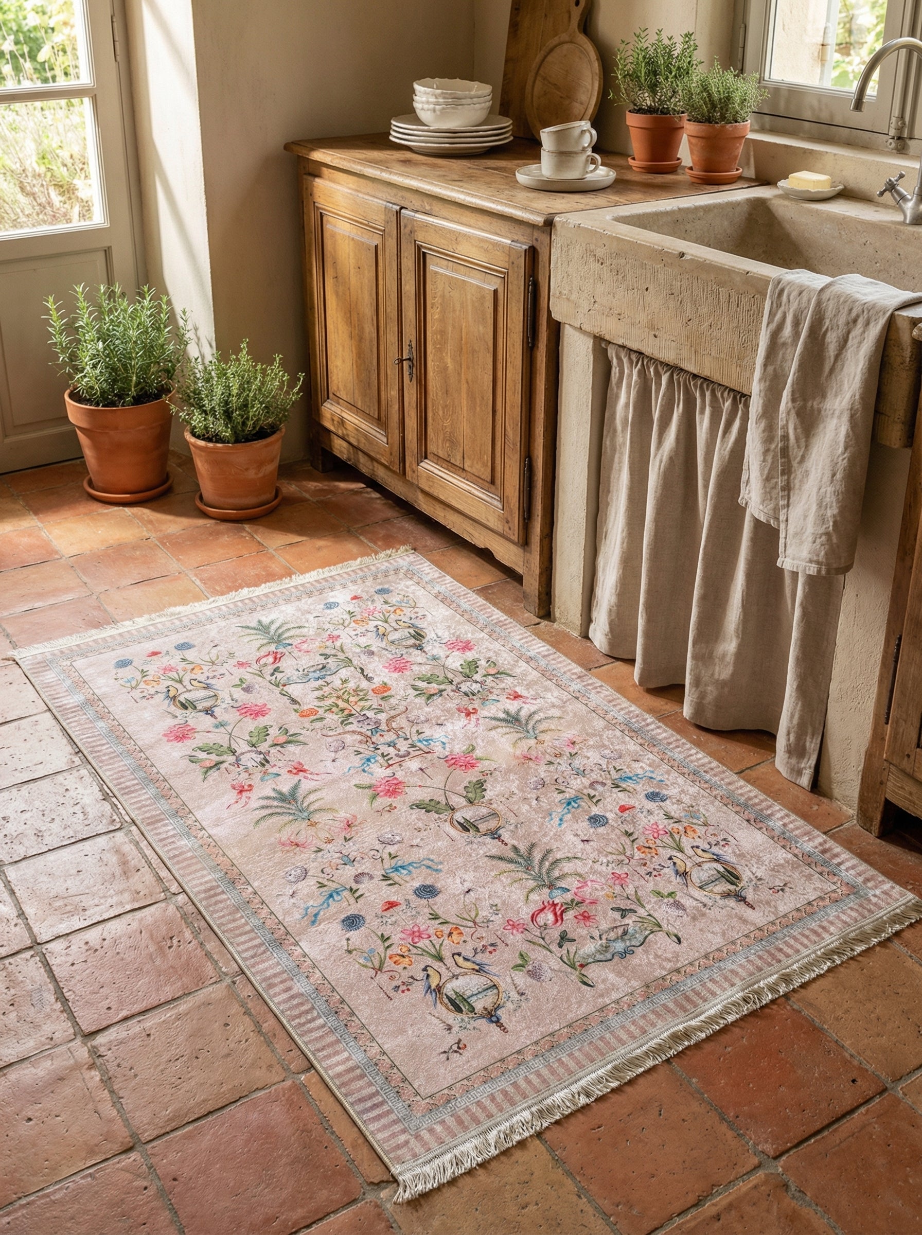 Tapis rectangulaire beige rosé à motifs floraux multicolores et oiseaux, avec franges, posé sur des tomettes dans une cuisine rustique