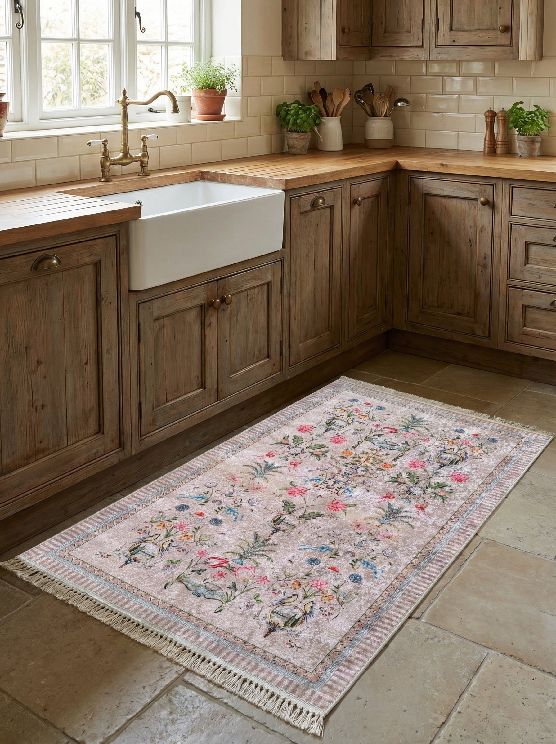 Tapis rectangulaire beige rosé aux motifs floraux et oiseaux multicolores, avec franges, sur le sol carrelé d'une cuisine en bois