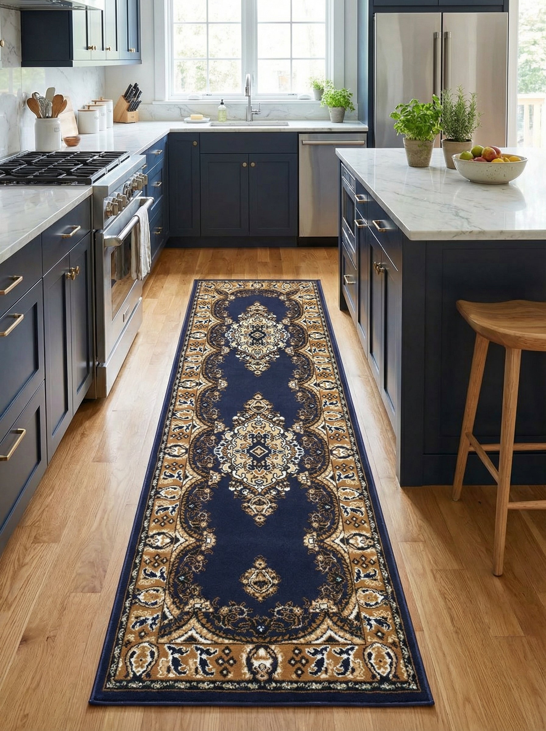 Tapis de couloir bleu marine à motifs persans dorés et crème, posé sur un parquet clair dans une cuisine élégante