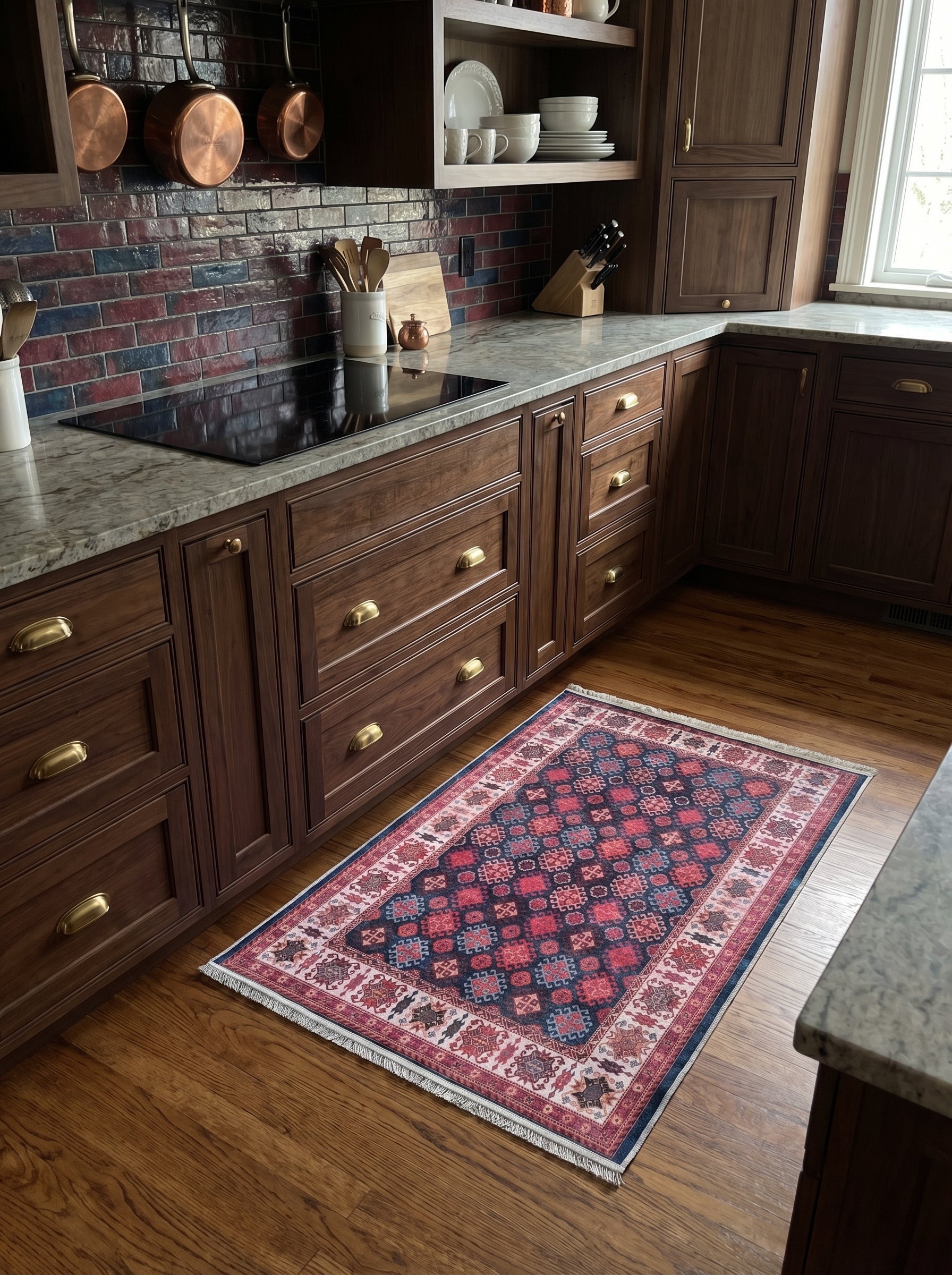 Tapis rectangulaire à motifs géométriques rouges, bleus et rosés, avec franges, sur le parquet d'une cuisine