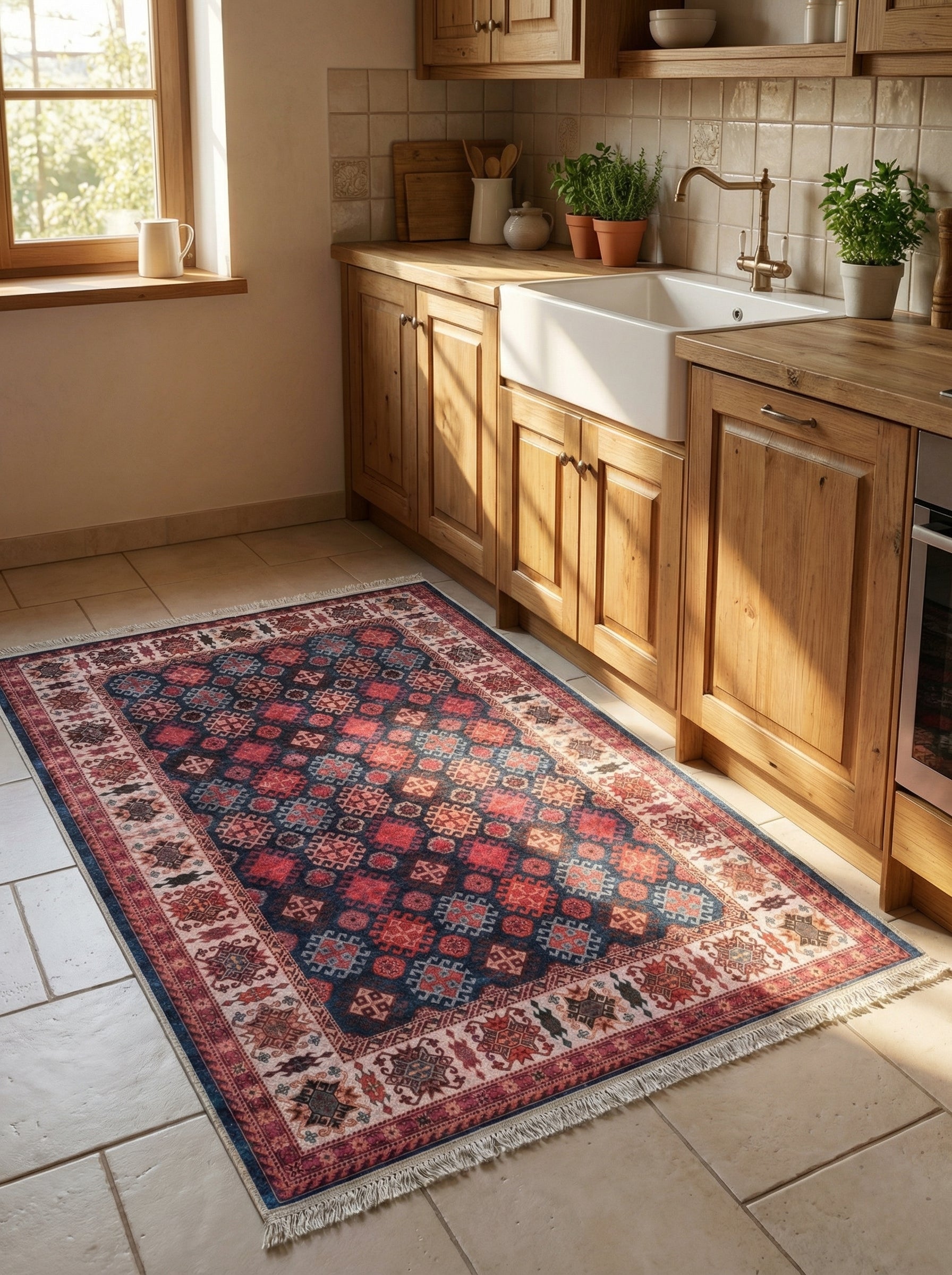 Tapis rectangulaire aux motifs géométriques bleu marine et rouge, frangé et bordé de motifs clairs, sur le carrelage d'une cuisine