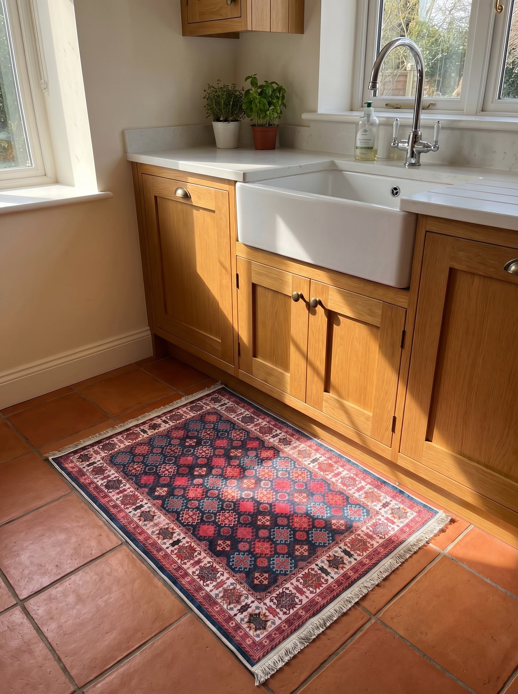 Tapis rectangulaire bleu marine et rouge aux motifs géométriques et franges, sur un sol en tomettes dans une cuisine ensoleillée