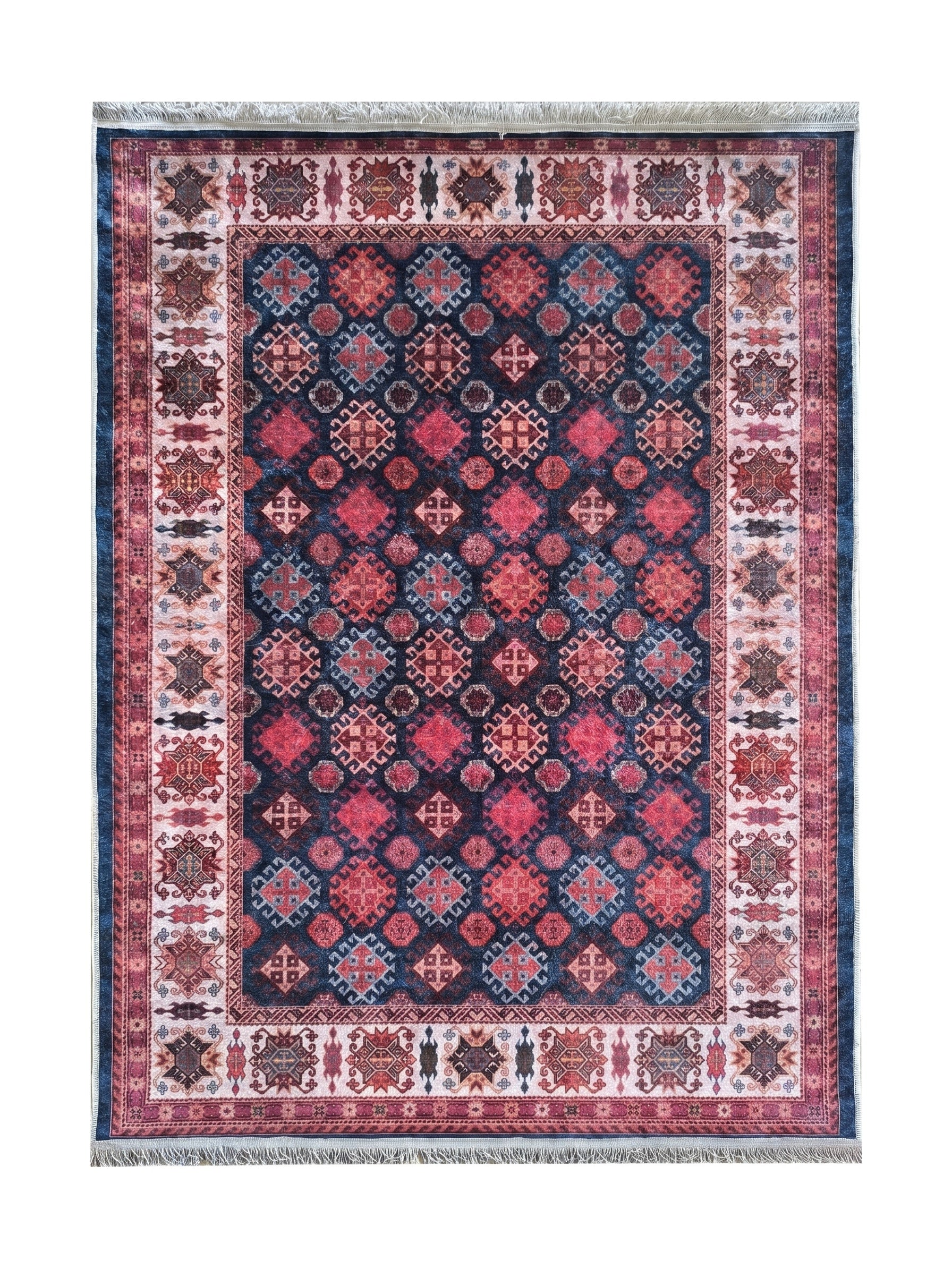 Tapis rectangulaire aux motifs géométriques traditionnels, principalement bleu foncé, rouge et crème, avec des franges