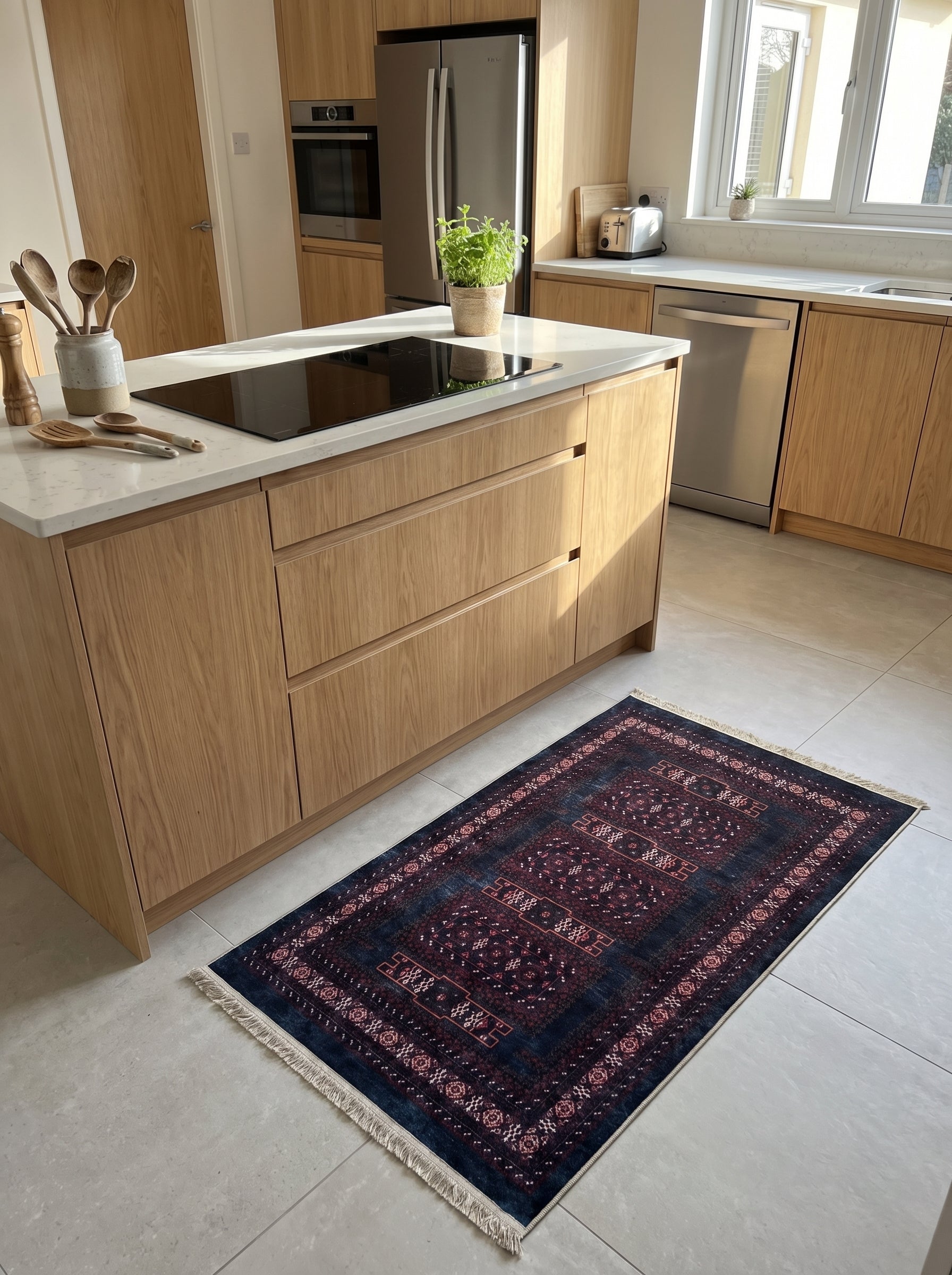 Tapis rectangulaire bleu marine et bordeaux aux motifs géométriques, avec franges claires, sur le carrelage d'une cuisine moderne