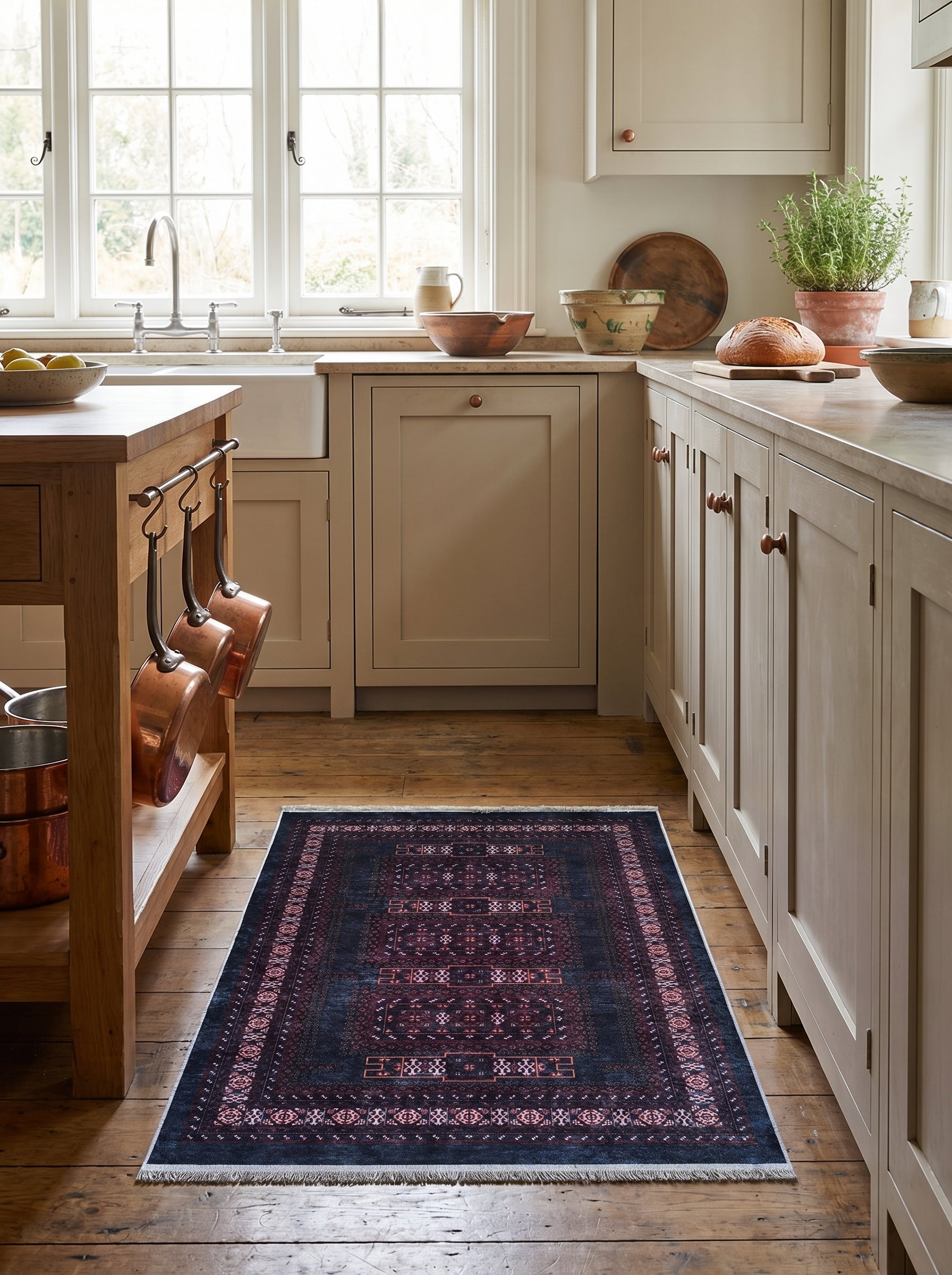 Tapis rectangulaire bleu marine avec des motifs géométriques traditionnels bordeaux et rose, posé sur un parquet dans une cuisine