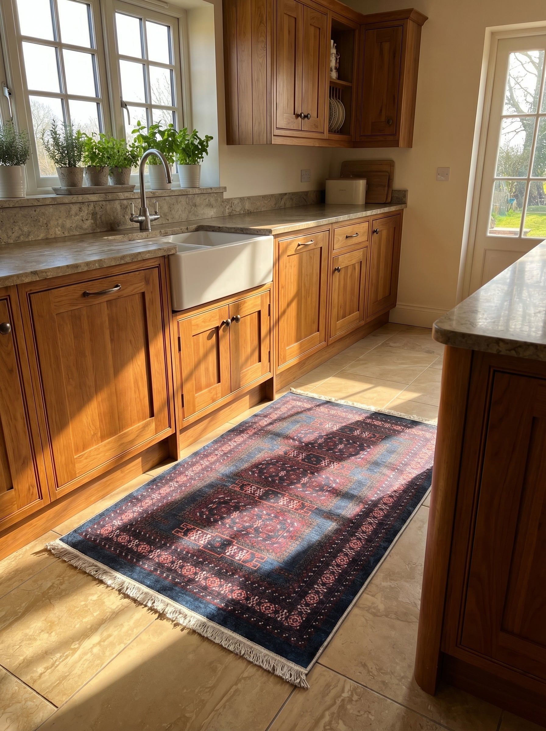 Tapis rectangulaire à motifs orientaux rouges et bleus foncés avec des franges blanches, posé sur un sol carrelé dans une cuisine ensoleillée