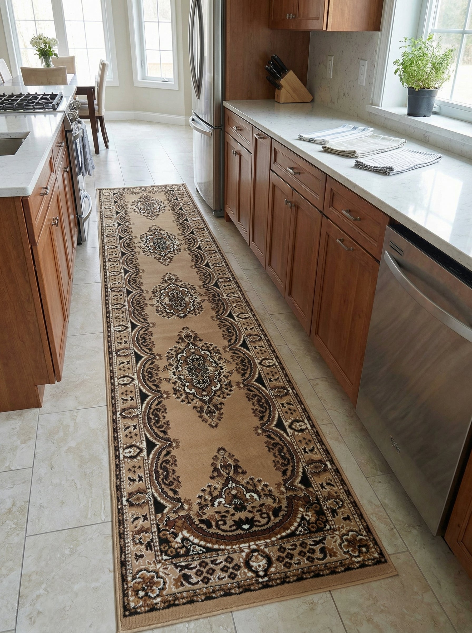 Tapis chemin beige orné de motifs médaillons et floraux marron foncé, noirs et crème, posé dans une cuisine