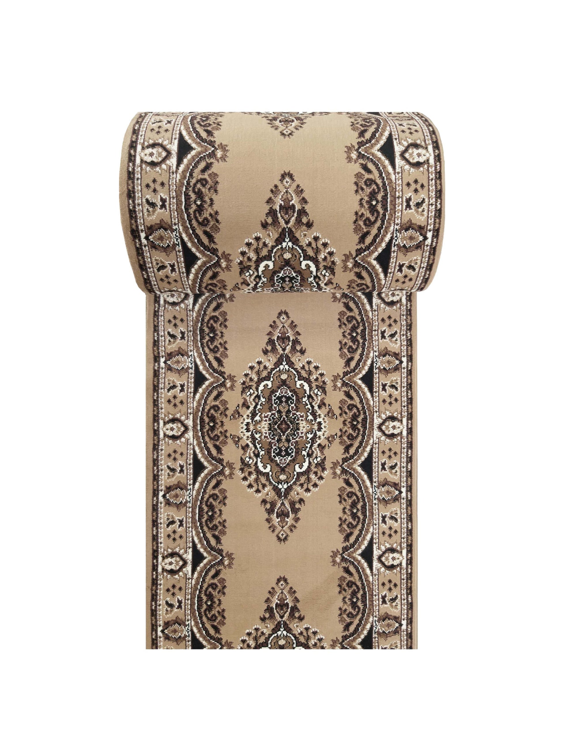 Tapis beige déroulé partiellement avec un motif central ornemental et des bordures, aux couleurs marron, noir et crème