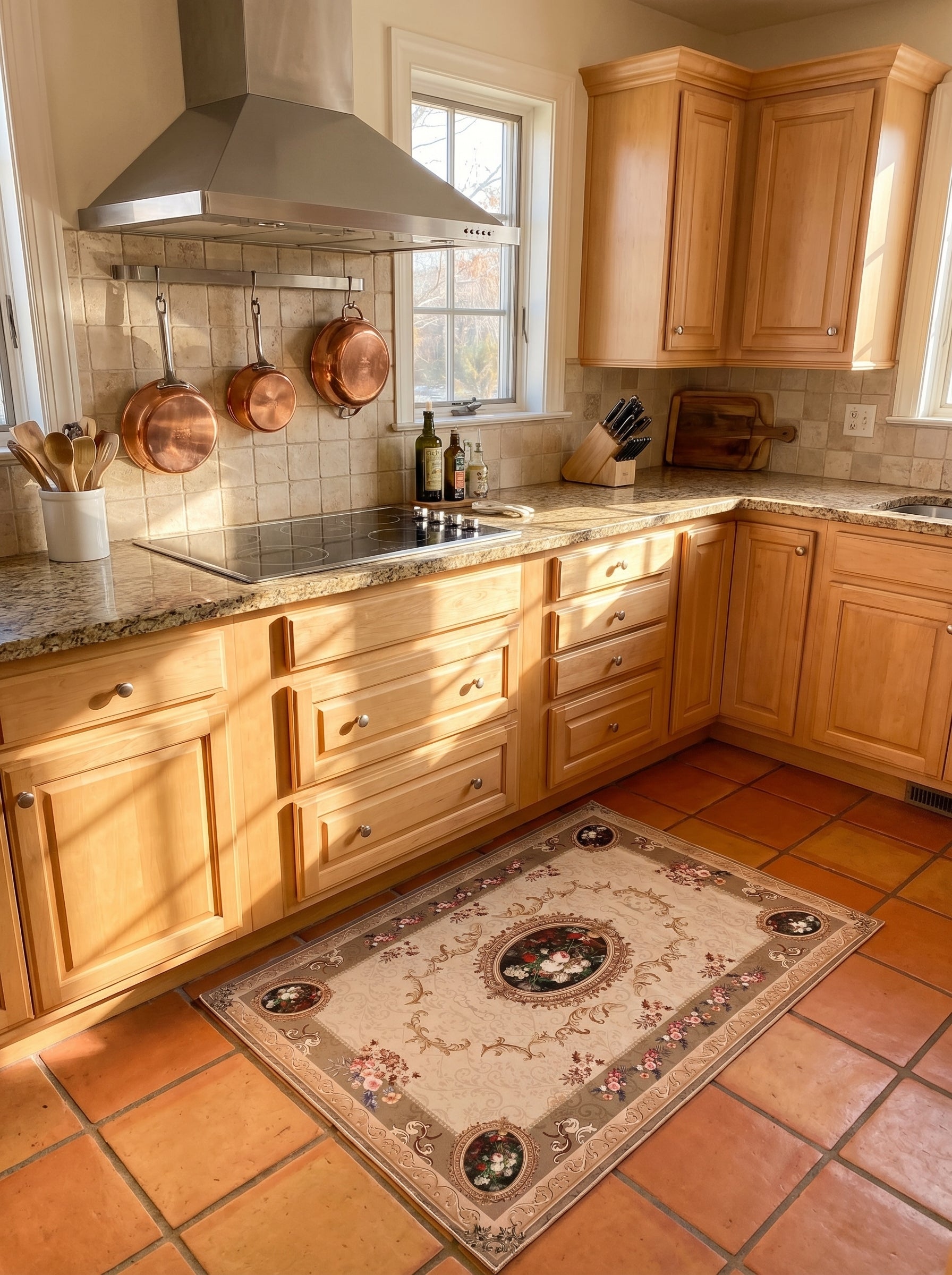 Tapis rectangulaire écru aux motifs floraux colorés dans des médaillons ovales et bordures ornées de volutes, dans une cuisine