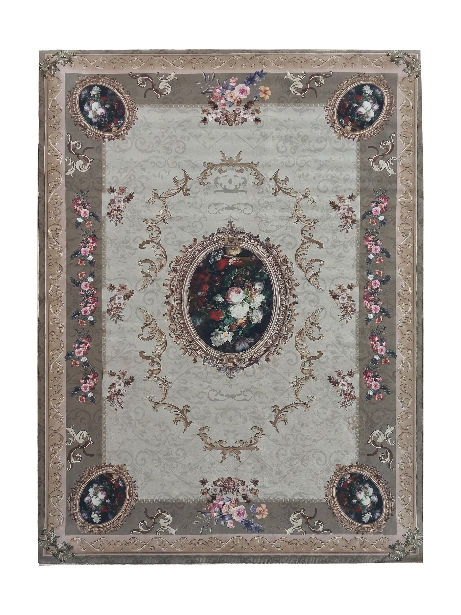 Tapis classique beige et marron avec médaillon floral central et bordure ornée de volutes et de bouquets