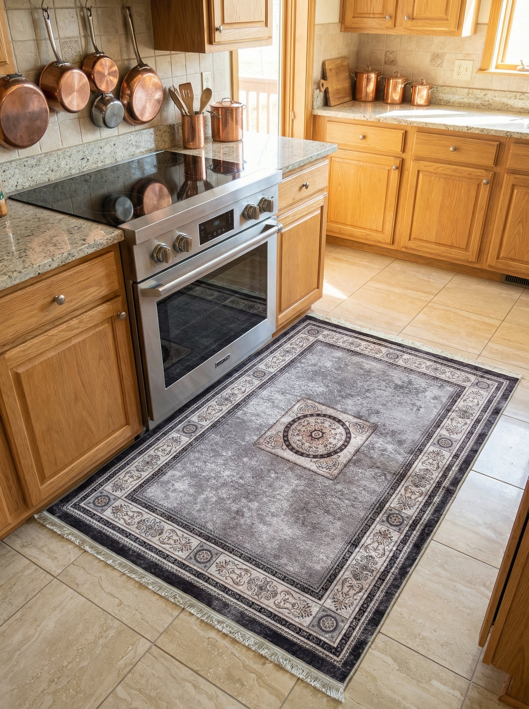 Tapis rectangulaire gris vieilli avec un médaillon central beige et des bordures ornées noires et claires, posé dans une cuisine