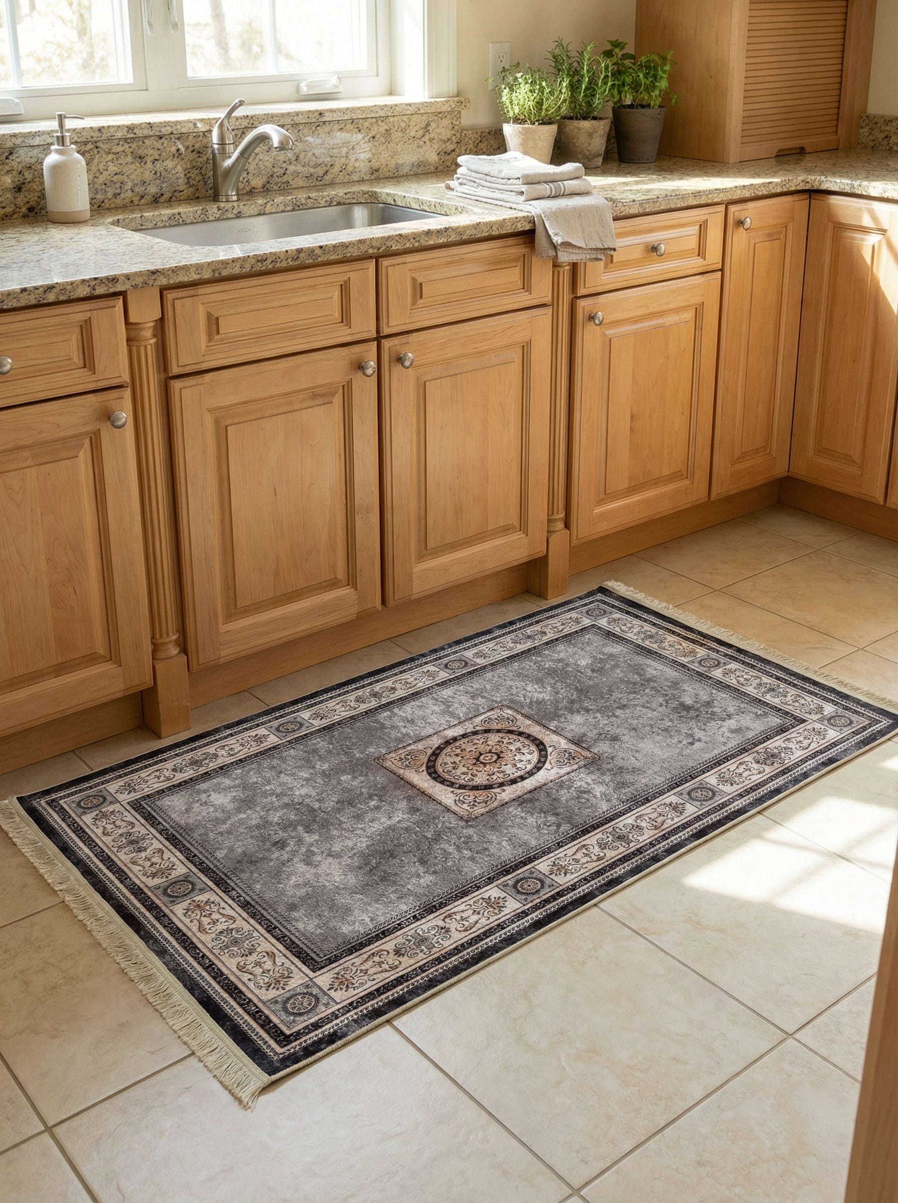Tapis rectangulaire gris vieilli avec bordures noires et beiges ornées, et médaillon central brun dans une cuisine