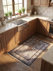 Tapis rectangulaire gris vieilli avec un médaillon central et une bordure ornementale marron foncé, posé sur un parquet dans une cuisine