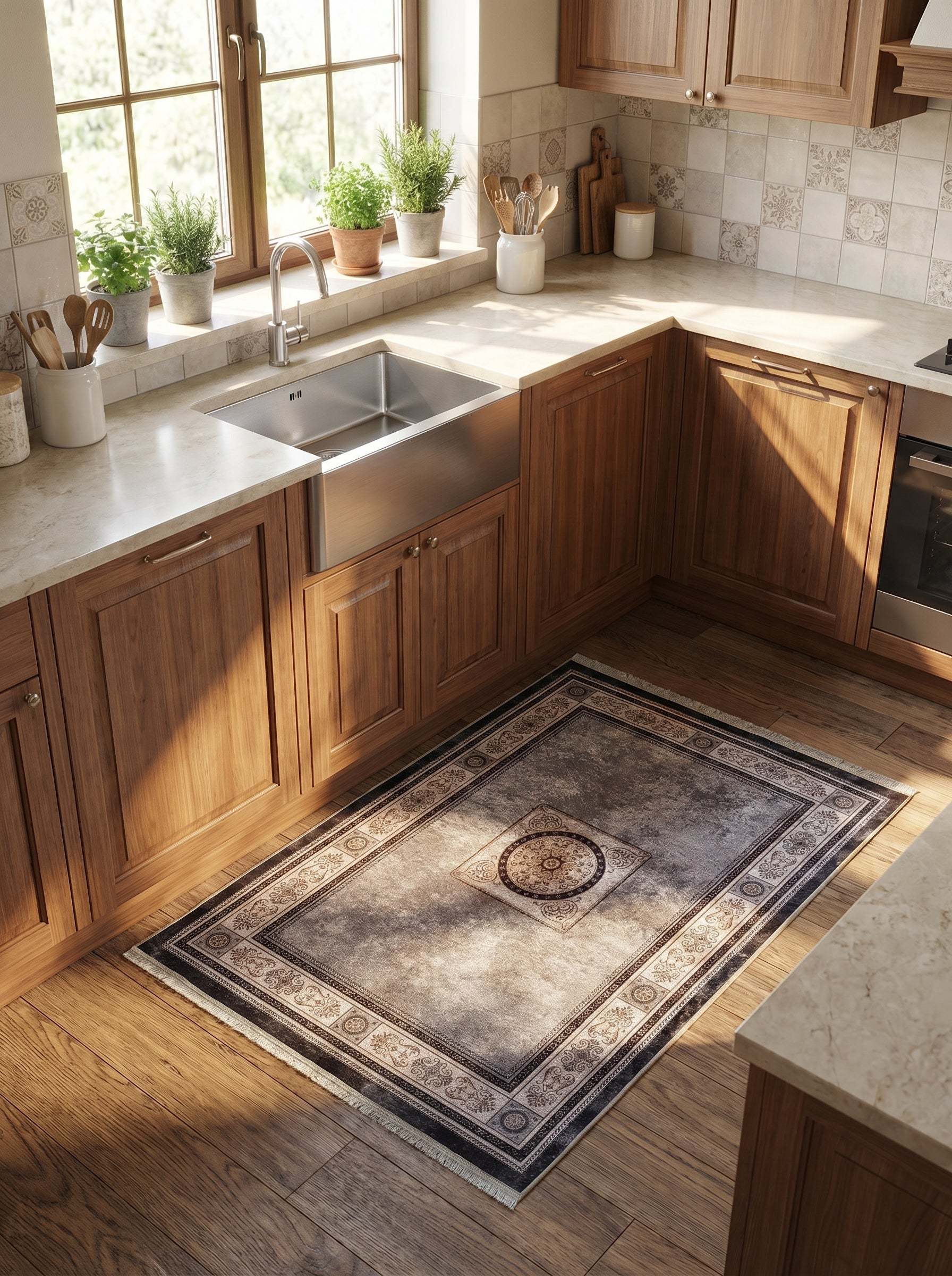 Tapis rectangulaire gris vieilli avec un médaillon central et une bordure ornementale marron foncé, posé sur un parquet dans une cuisine