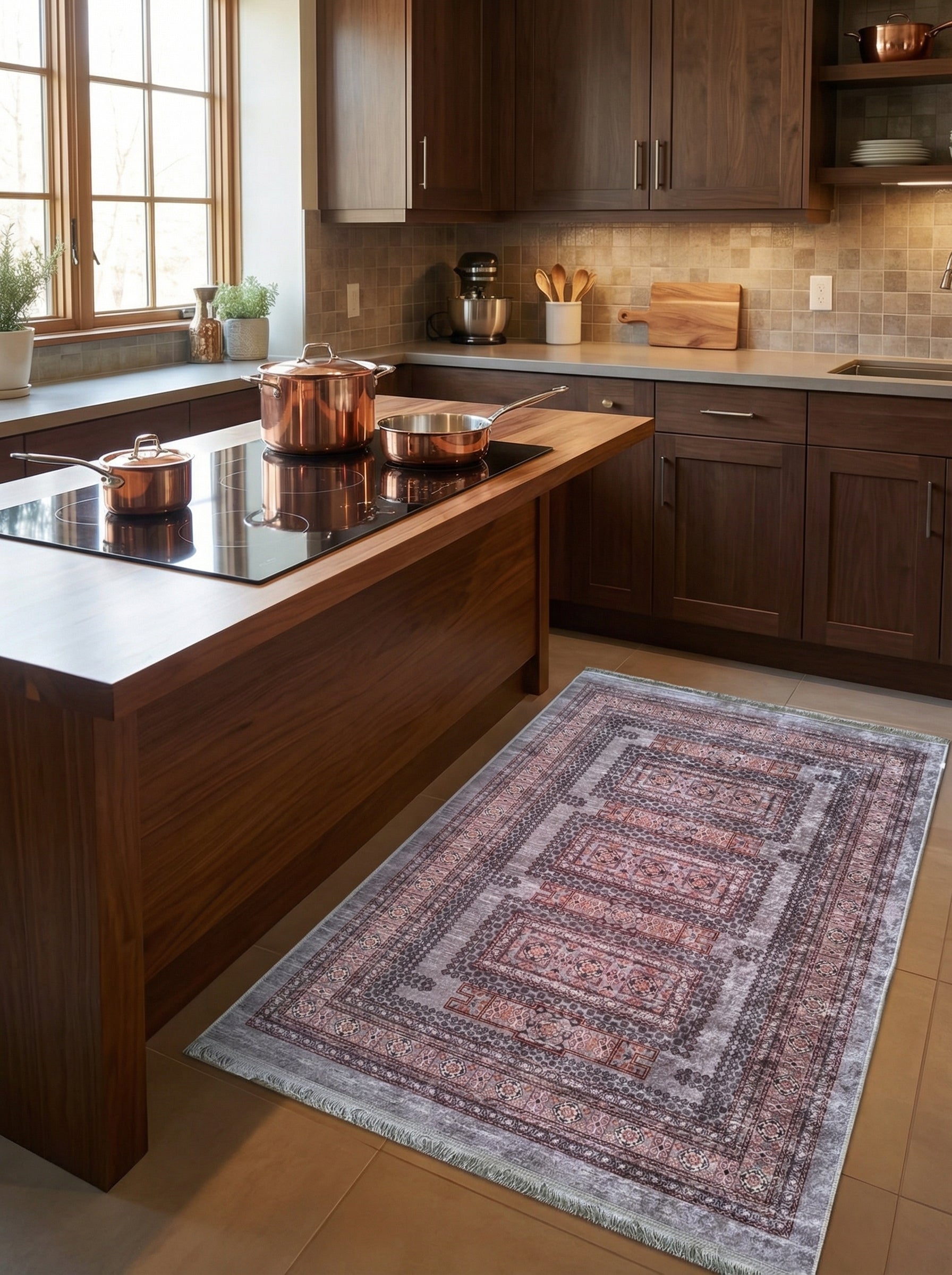 Tapis rectangulaire aux motifs orientaux complexes gris clair, rose terre cuite et gris foncé, avec franges, posé sur le carrelage d'une cuisine moderne